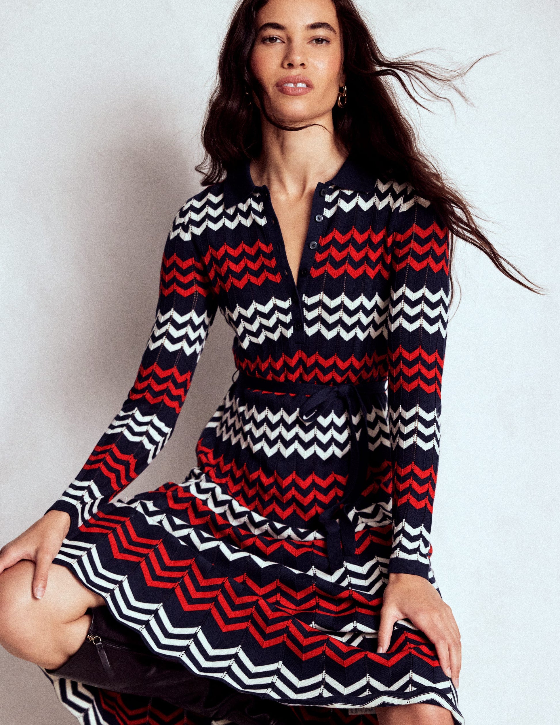 Chevron Stitch Midi Dress-Navy, Red and Ivory Chevron-3
