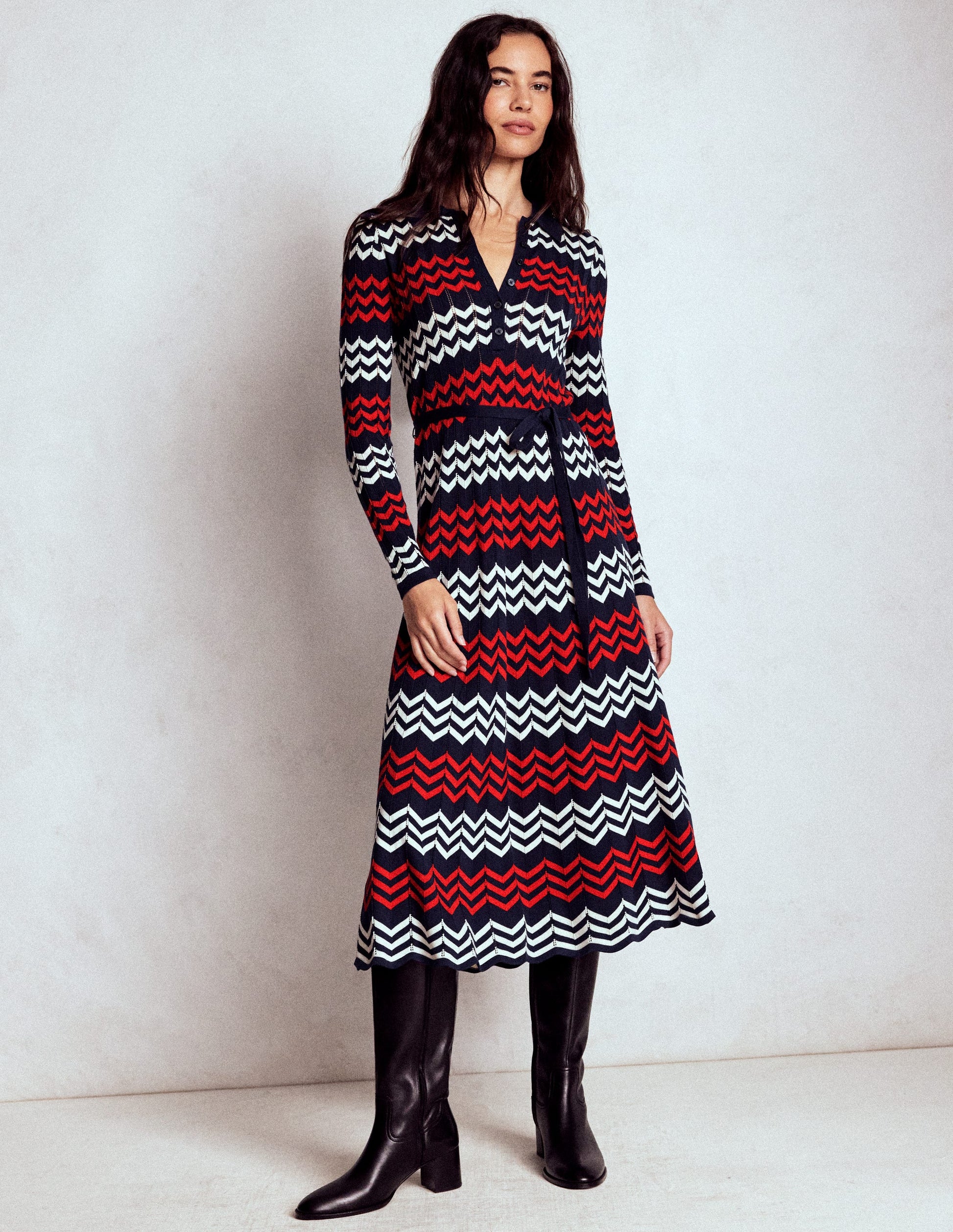Chevron Stitch Midi Dress-Navy, Red and Ivory Chevron-4