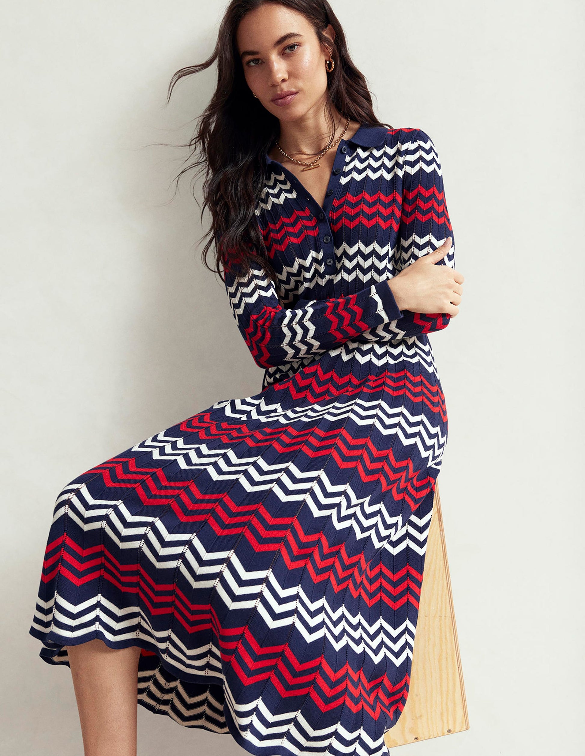 Chevron Stitch Midi Dress-Navy, Red and Ivory Chevron-2