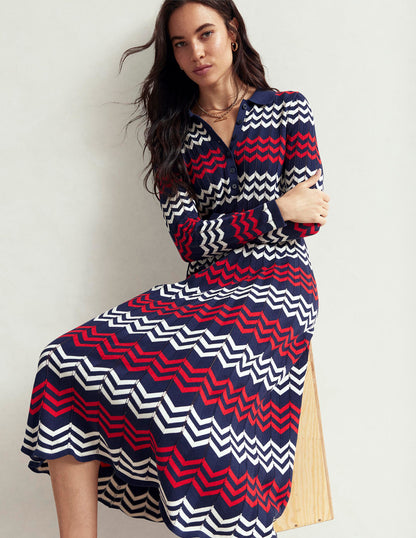 Chevron Stitch Midi Dress-Navy, Red and Ivory Chevron-2