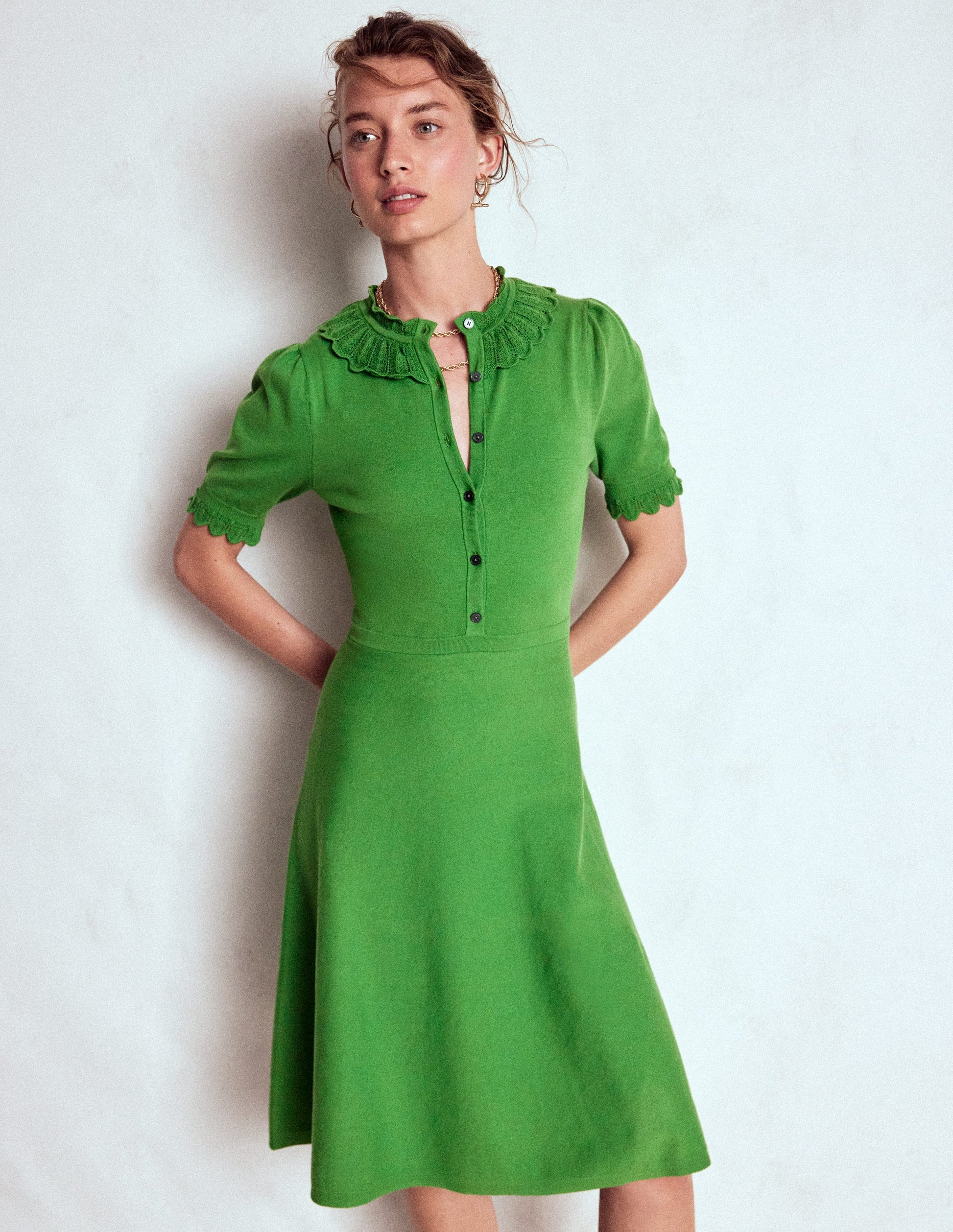 Melina Ruffle Knitted Dress-Paradise Green | Boden USA Melina Ruffle Knitted Dress-Paradise Green | Boden USA