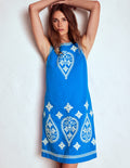 Embroidered Linen Shift Dress-Kingfisher Blue