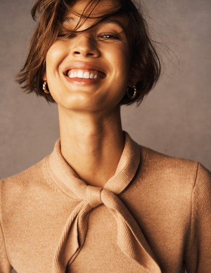 Knitted Bow Dress-Camel Melange-6