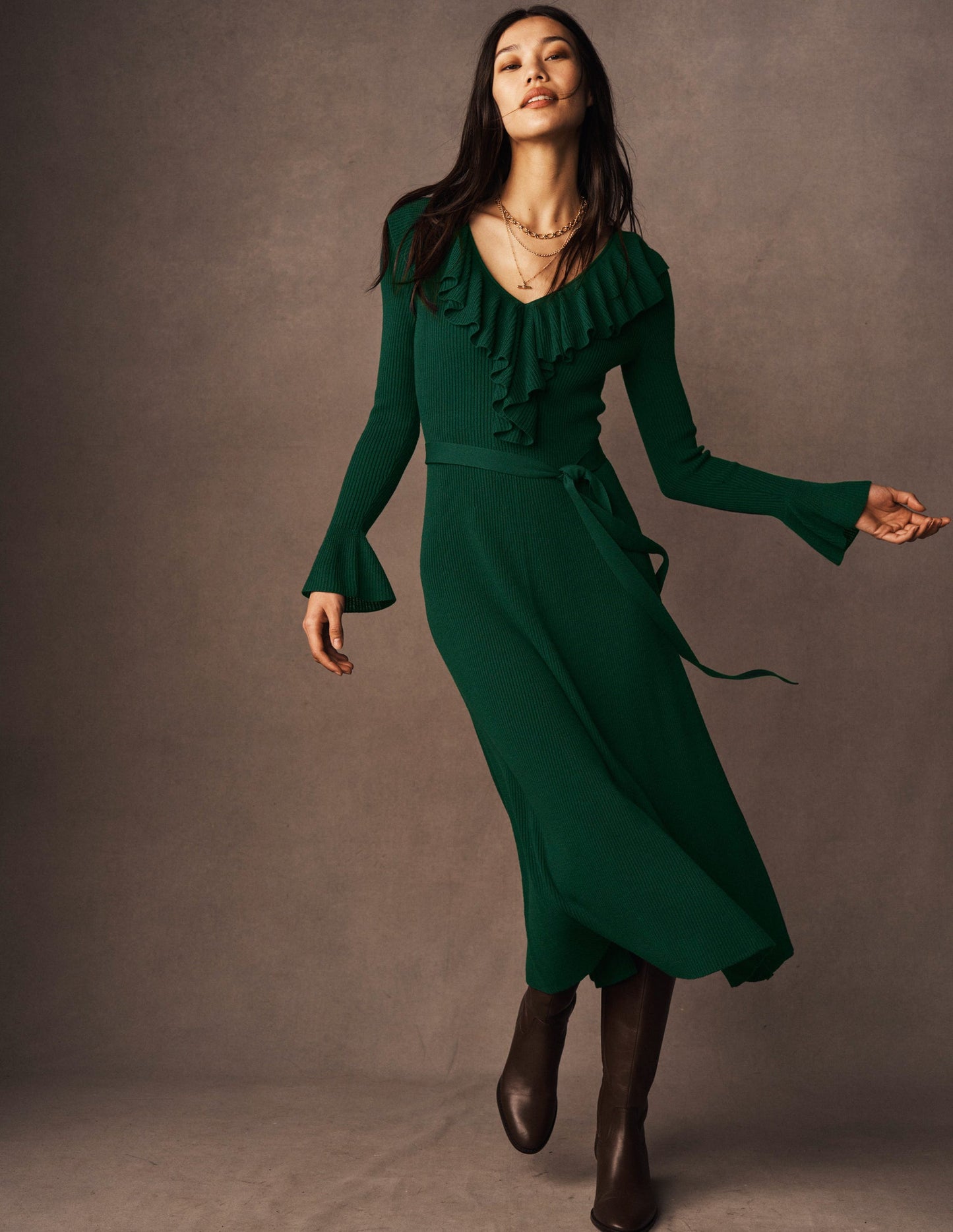 Ruffled Ribbed Dress-Emerald Night