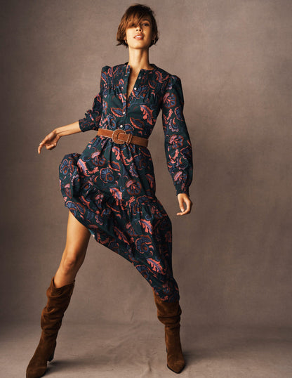 Cecily Cotton Midi Dress-Emerald Night, Ornate Meadow-6