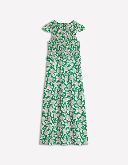 Carolina Smocked Midi Dress-Rich Emerald, Ornate Vine-7