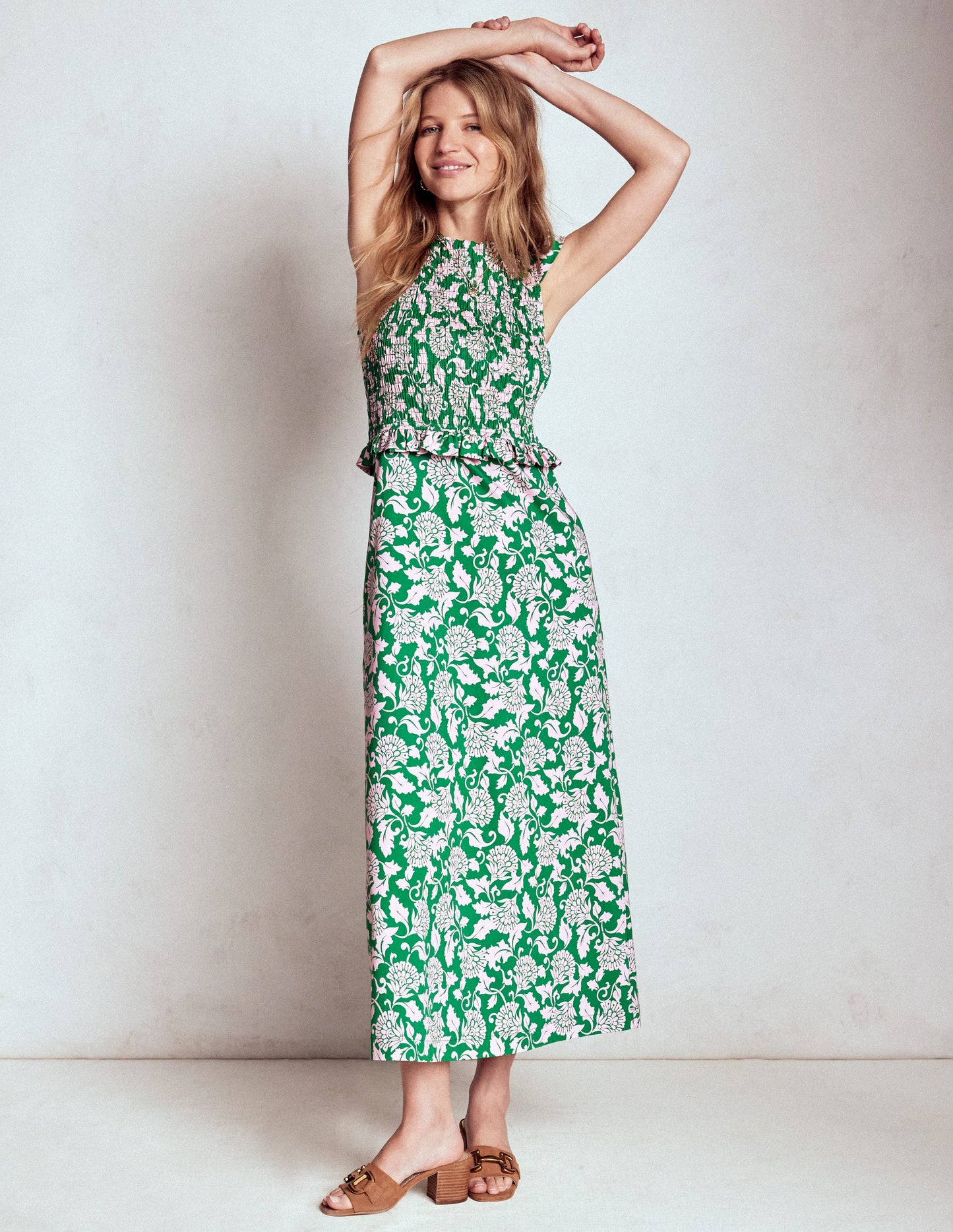 Carolina Smocked Midi Dress-Rich Emerald, Ornate Vine