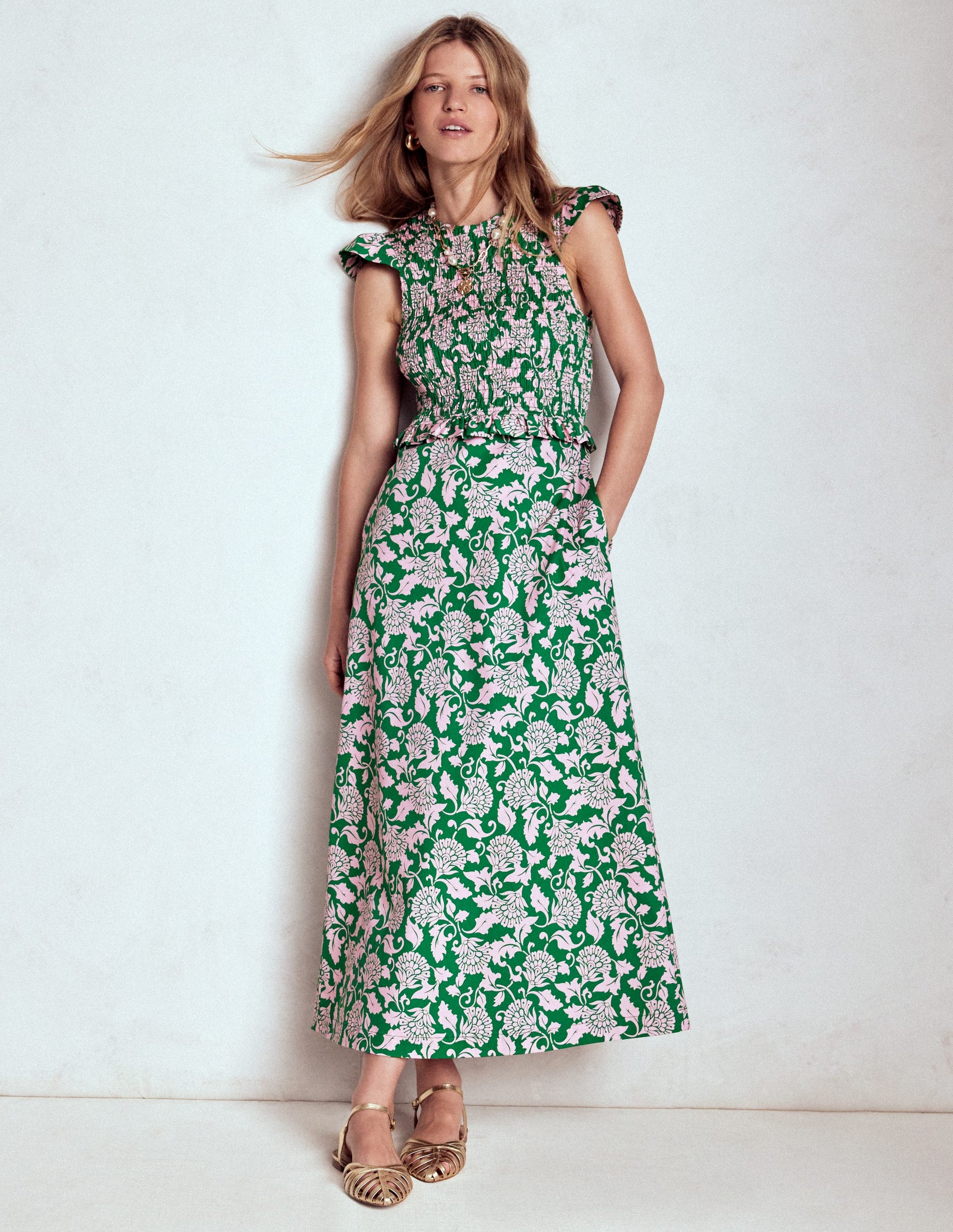 Carolina Smocked Midi Dress-Rich Emerald, Ornate Vine-5