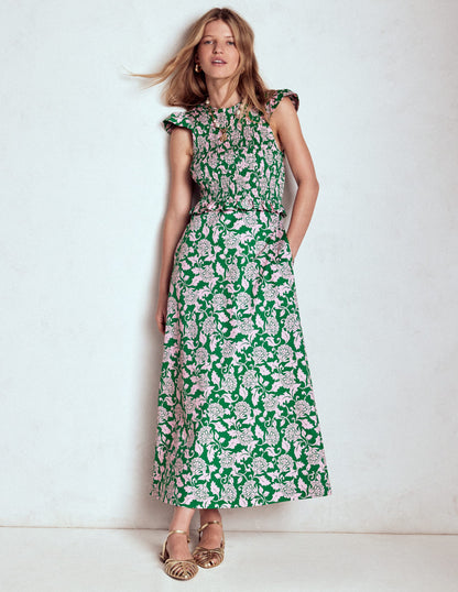 Carolina Smocked Midi Dress-Rich Emerald, Ornate Vine-5