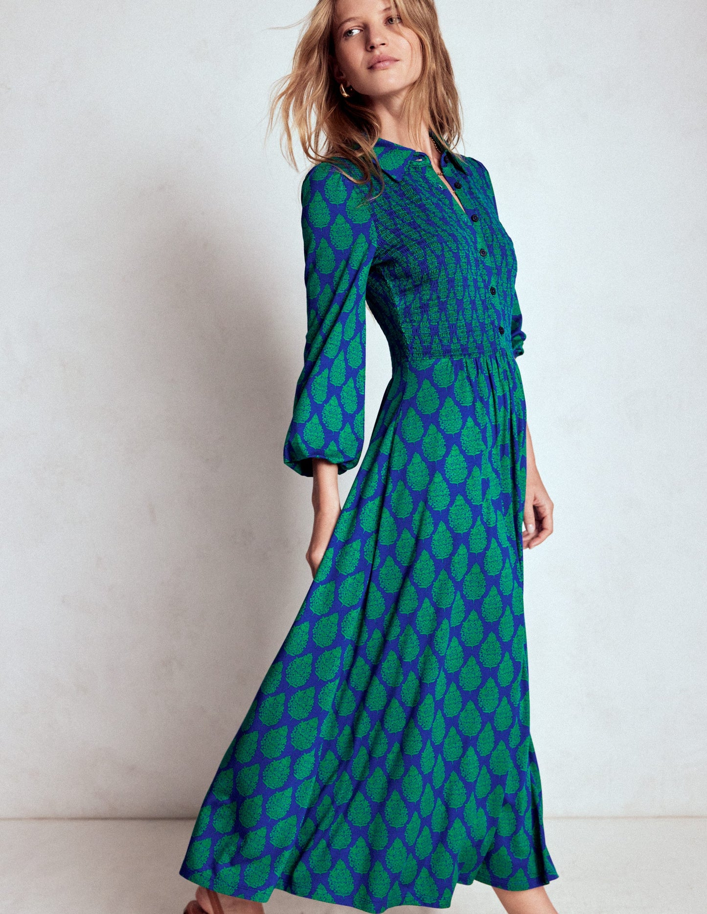 Smocked Jersey Shirt Dress-Blue, Wildflower Bouquet