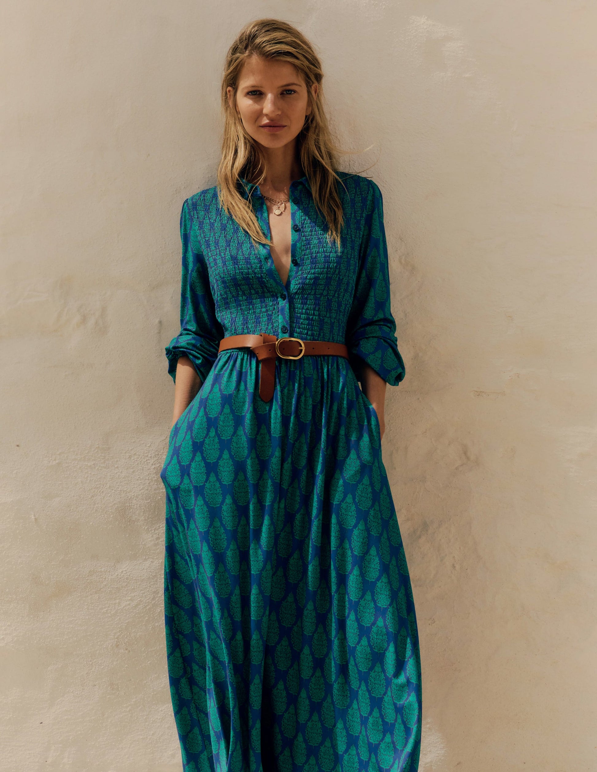 Smocked Jersey Shirt Dress-Blue, Wildflower Bouquet-2