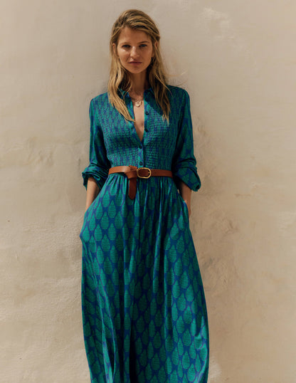 Smocked Jersey Shirt Dress-Blue, Wildflower Bouquet-2