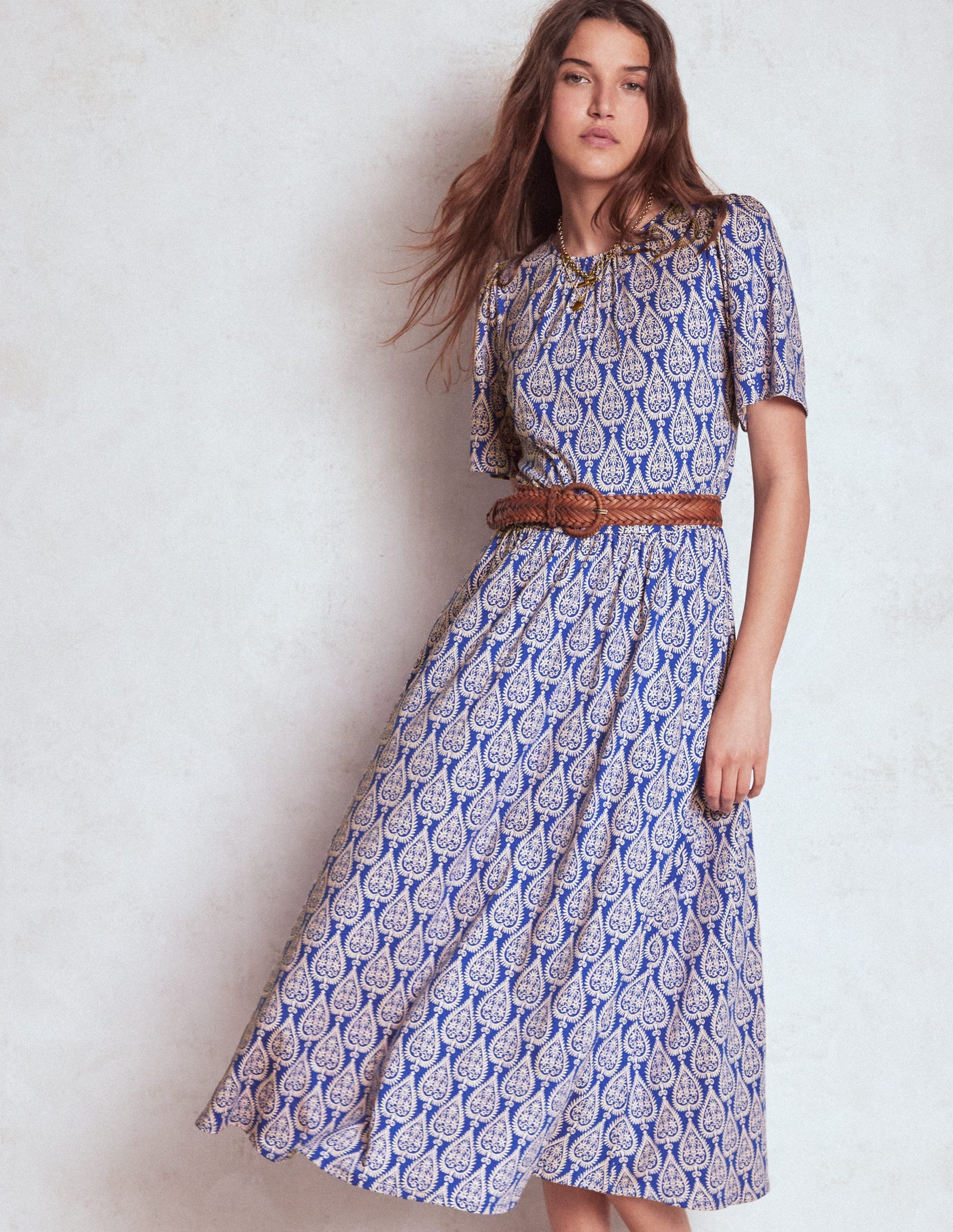 Louisa Jersey Midi Dress-Bright Blue, Ornate Geo-1