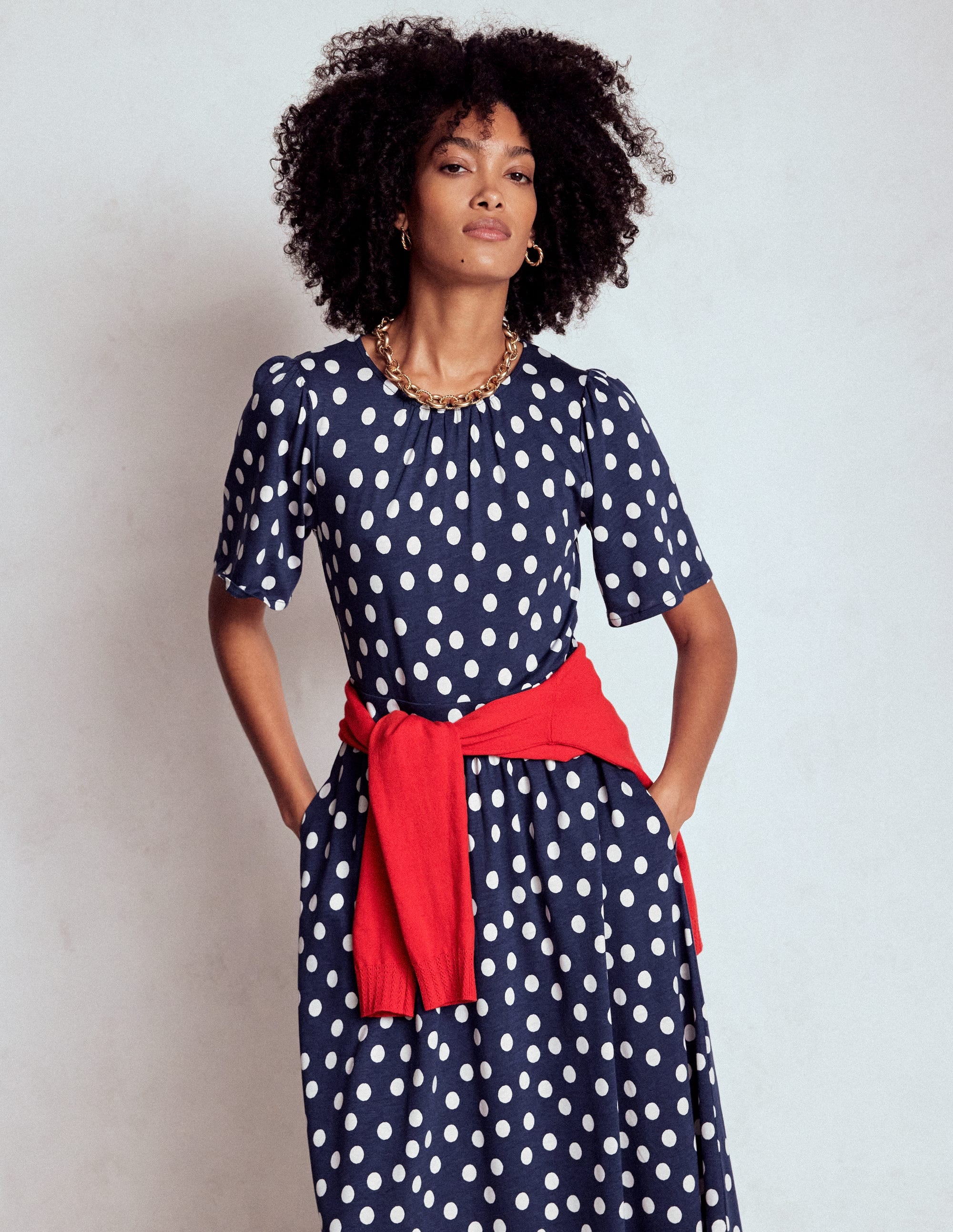 Louisa Jersey Midi Dress-French Navy, Painted Dot - Image 1