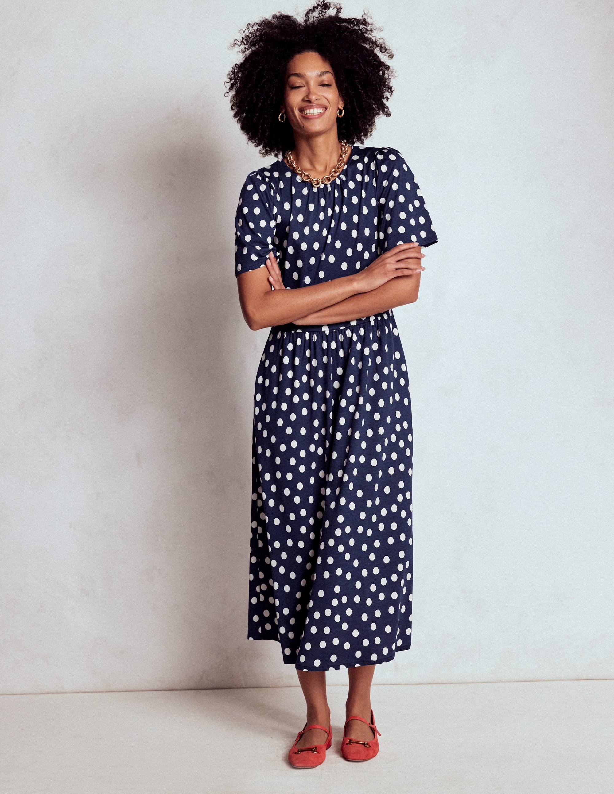 Louisa Jersey Midi Dress-French Navy, Painted Dot - Image 4