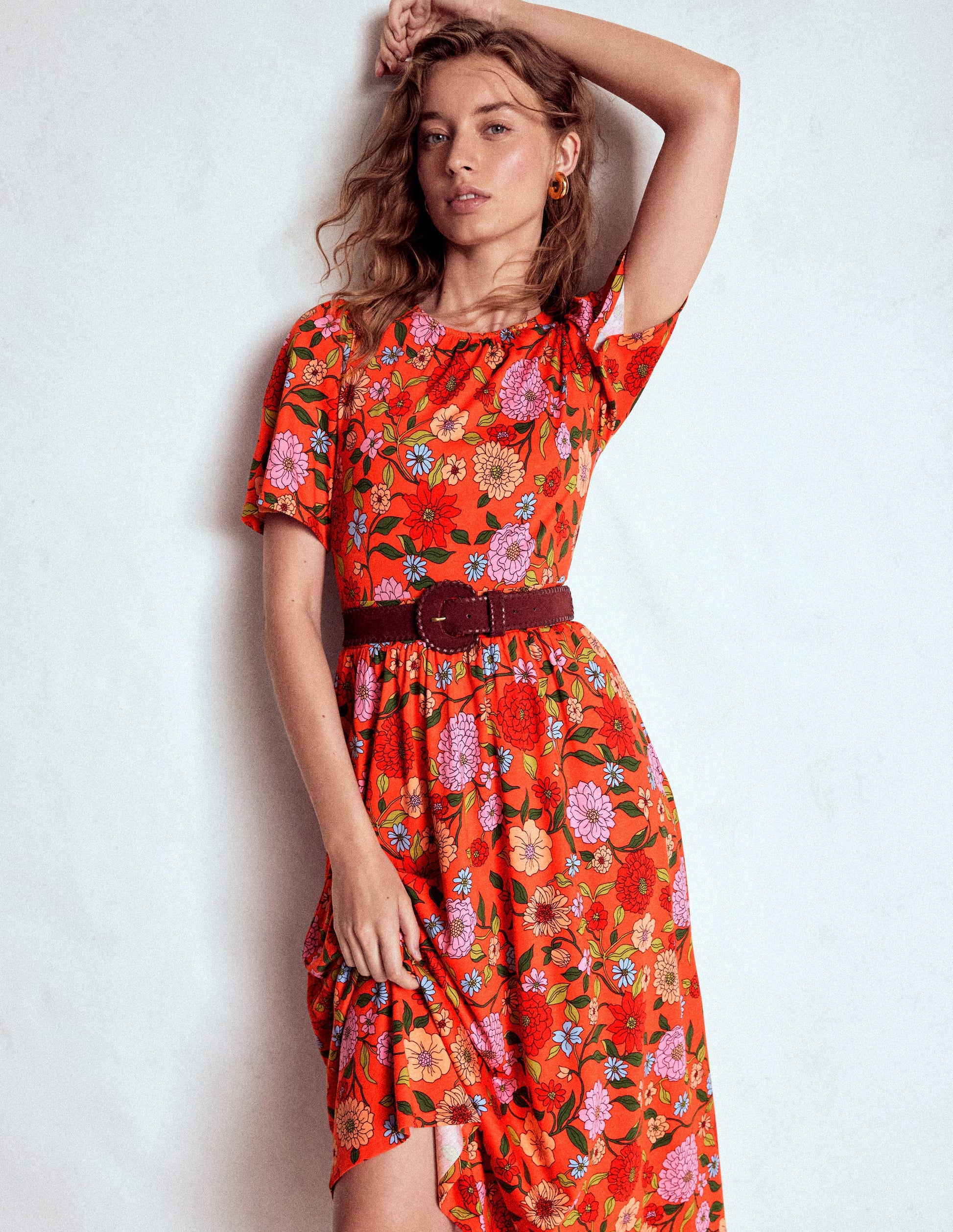 Louisa Jersey Midi Dress-Firecracker Red, Dahlia Trail-2