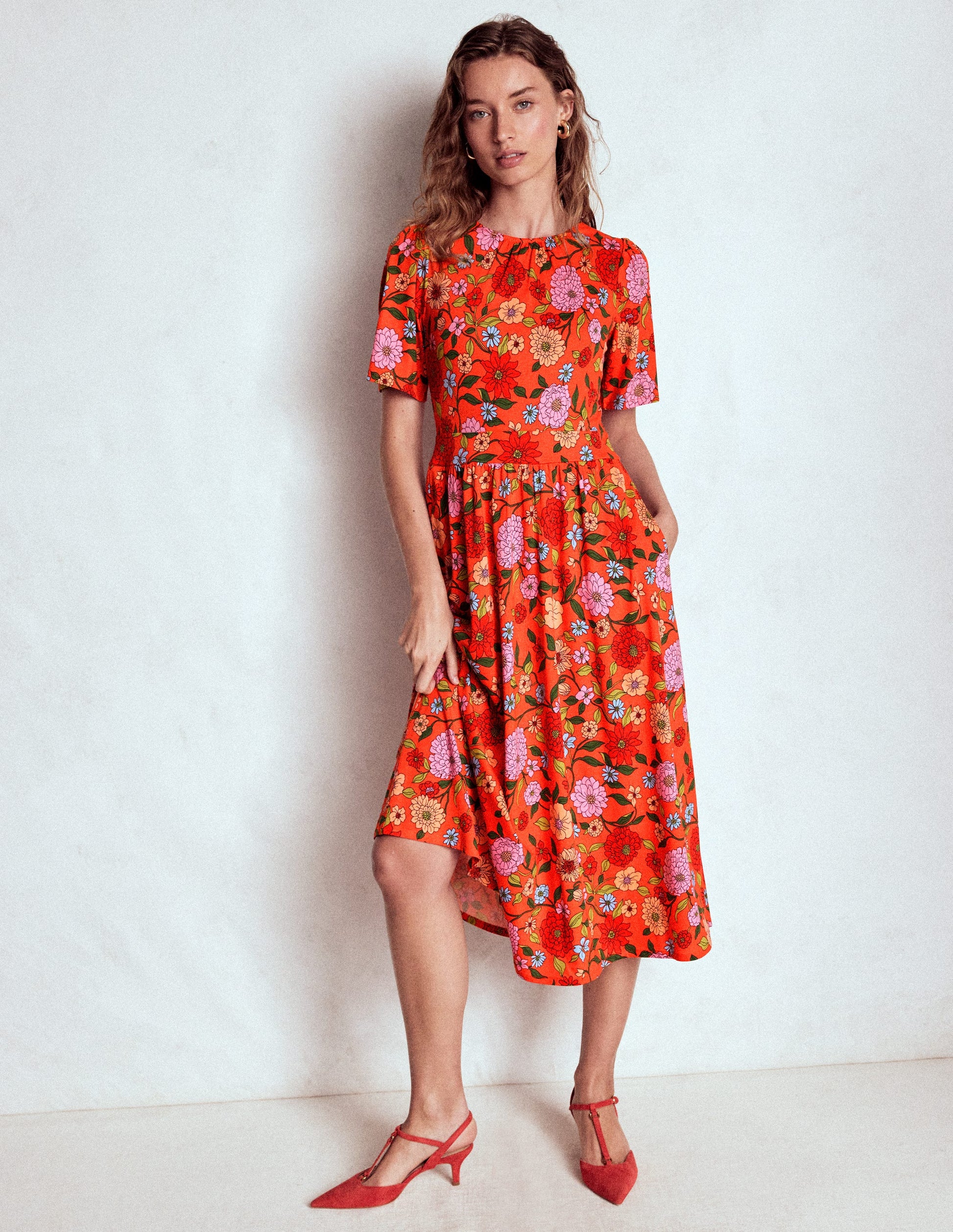 Louisa Jersey Midi Dress-Firecracker Red, Dahlia Trail-1