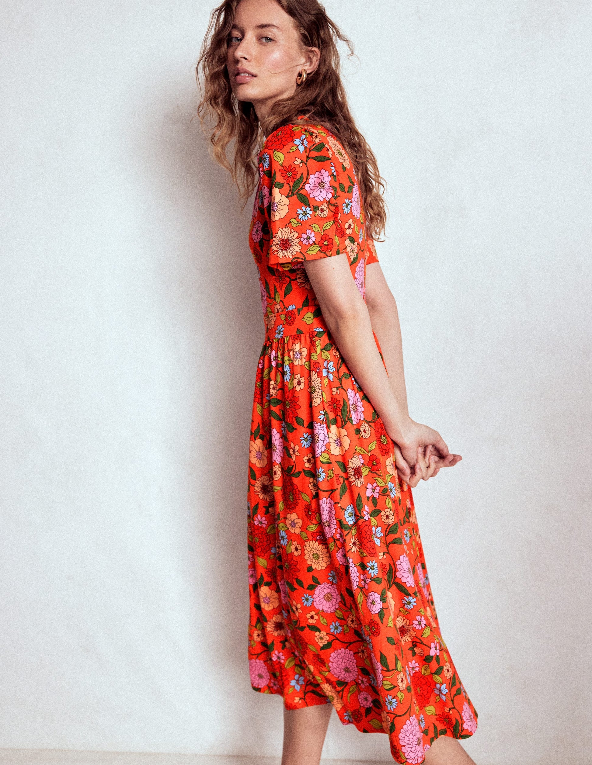 Louisa Jersey Midi Dress-Firecracker Red, Dahlia Trail-5