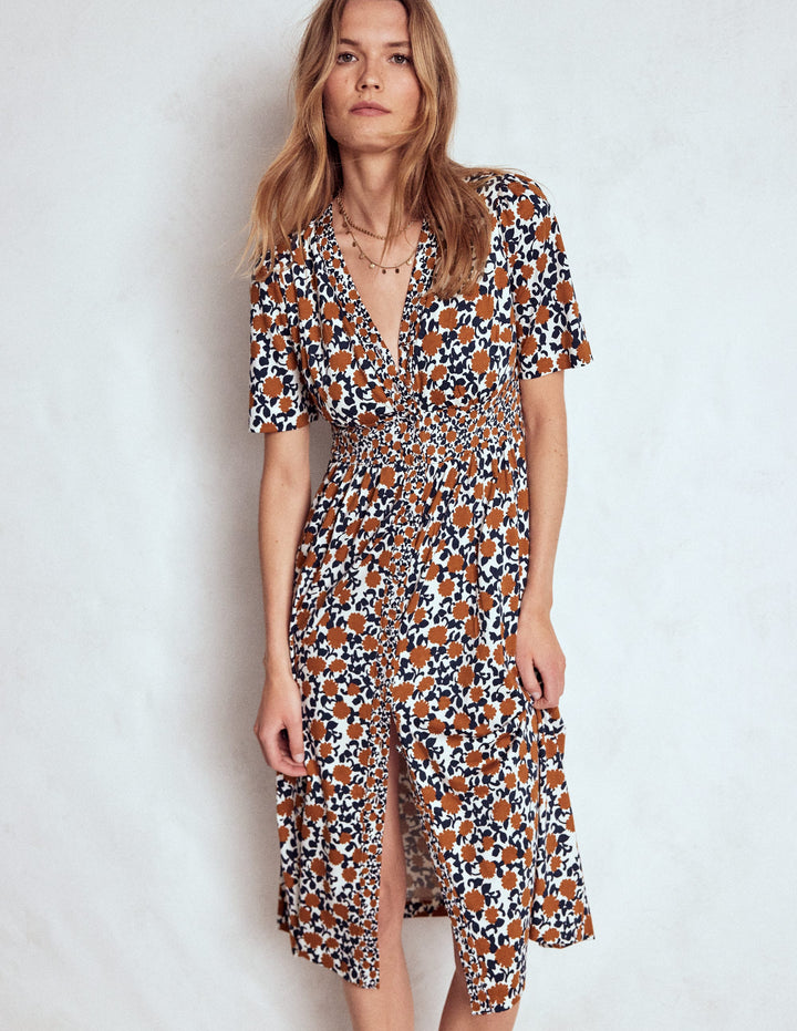 Natalia Jersey Tea Dress-Cognac, Floweret Vine