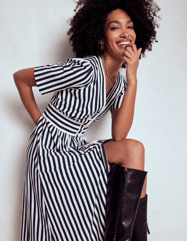 Natalia Jersey Tea Dress-French Navy, Ivory Stripe