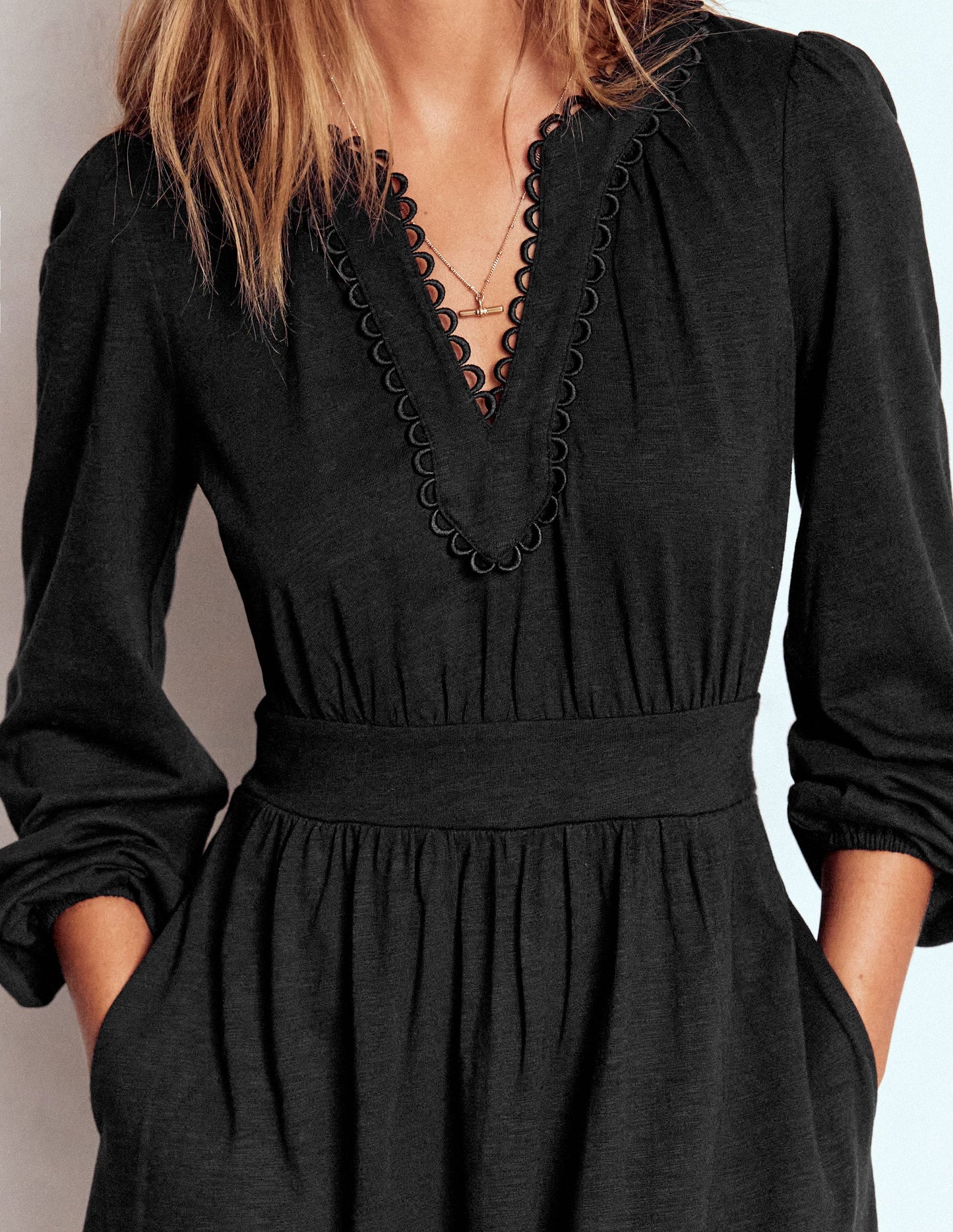 Maddie Picot Trim Midi Dress-Black