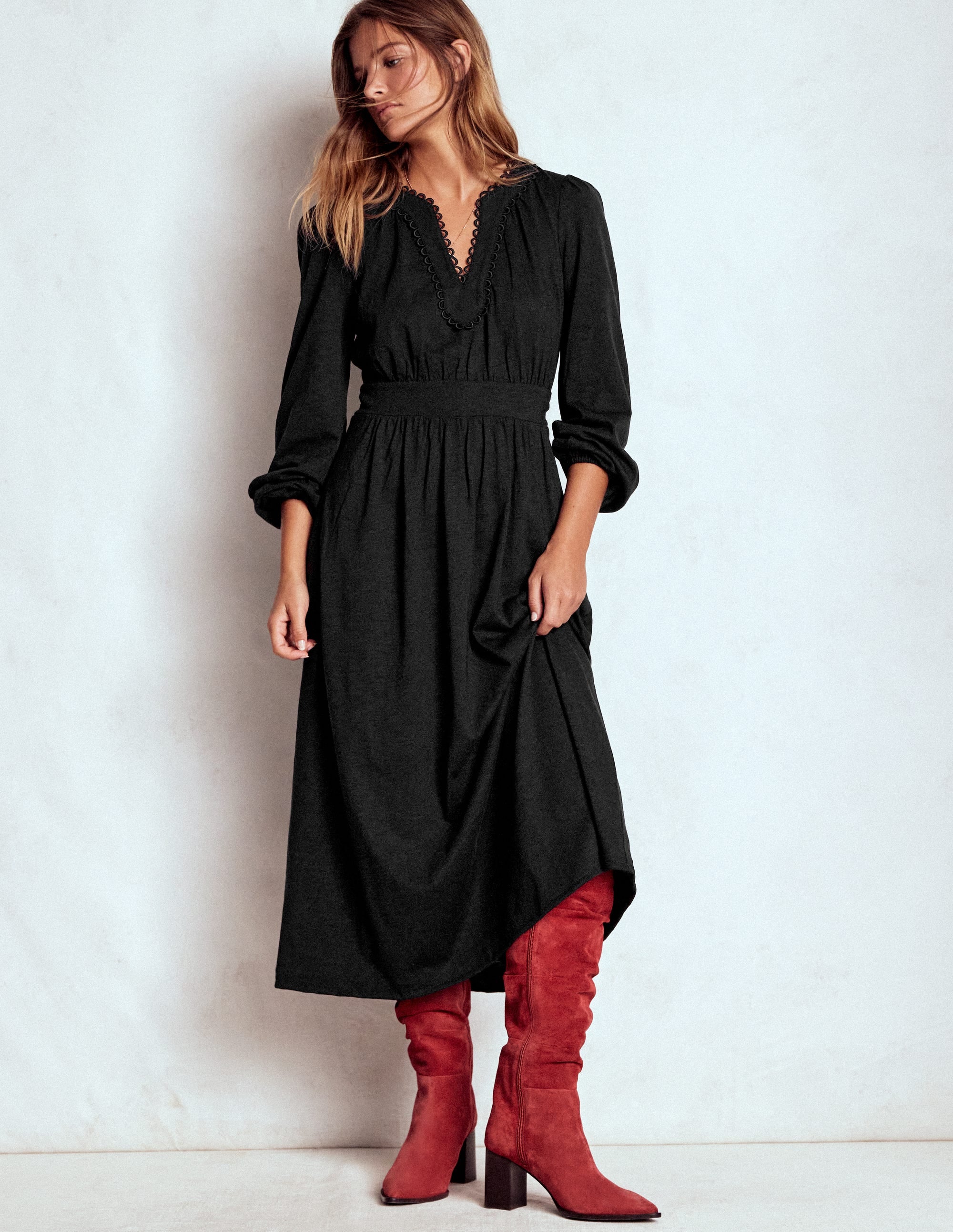 Maddie Picot Trim Midi Dress-Black - Image 1
