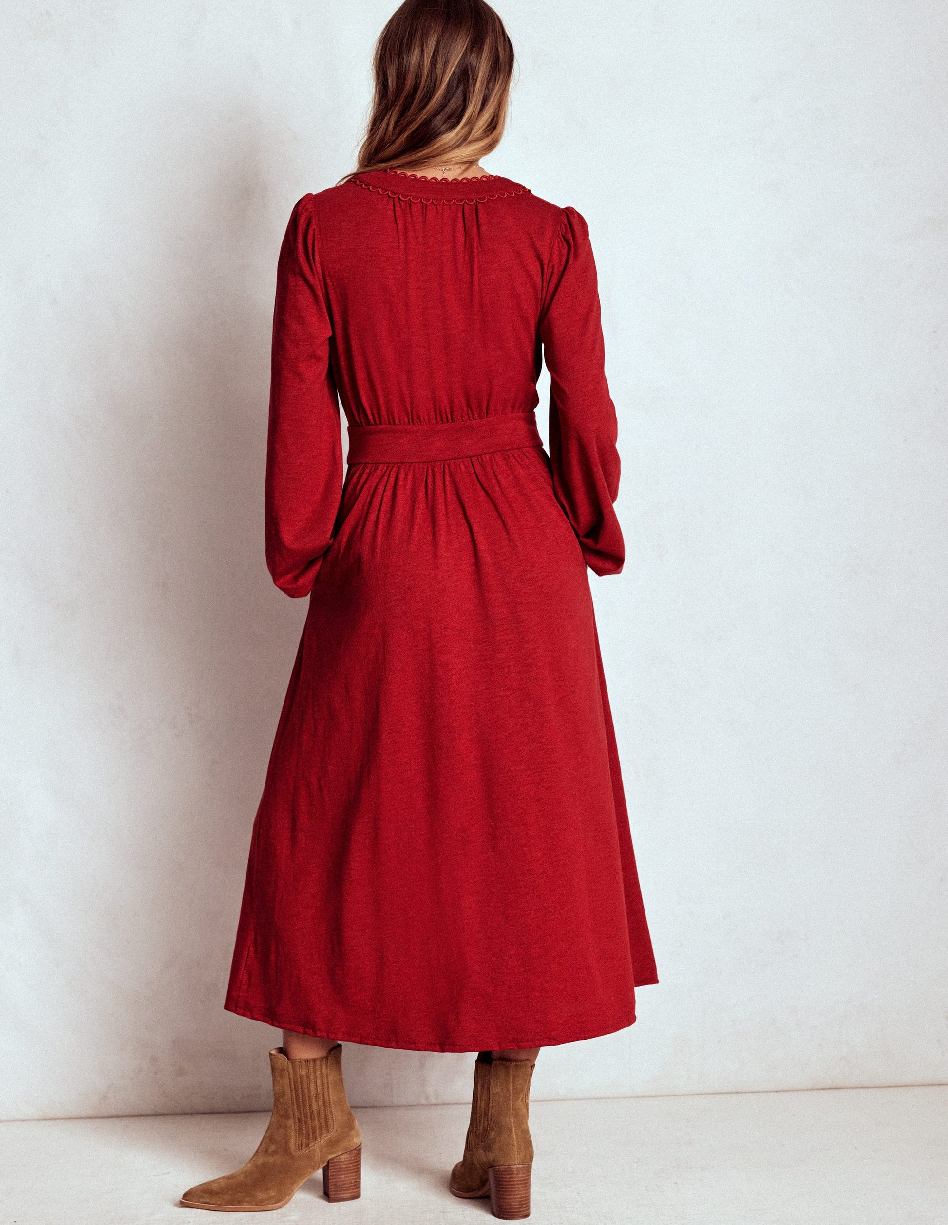 Maddie Picot Trim Midi Dress-Carmine Red Maddie Picot Trim Midi Dress-Carmine Red