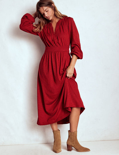 Maddie Picot Trim Midi Dress-Carmine Red-5
