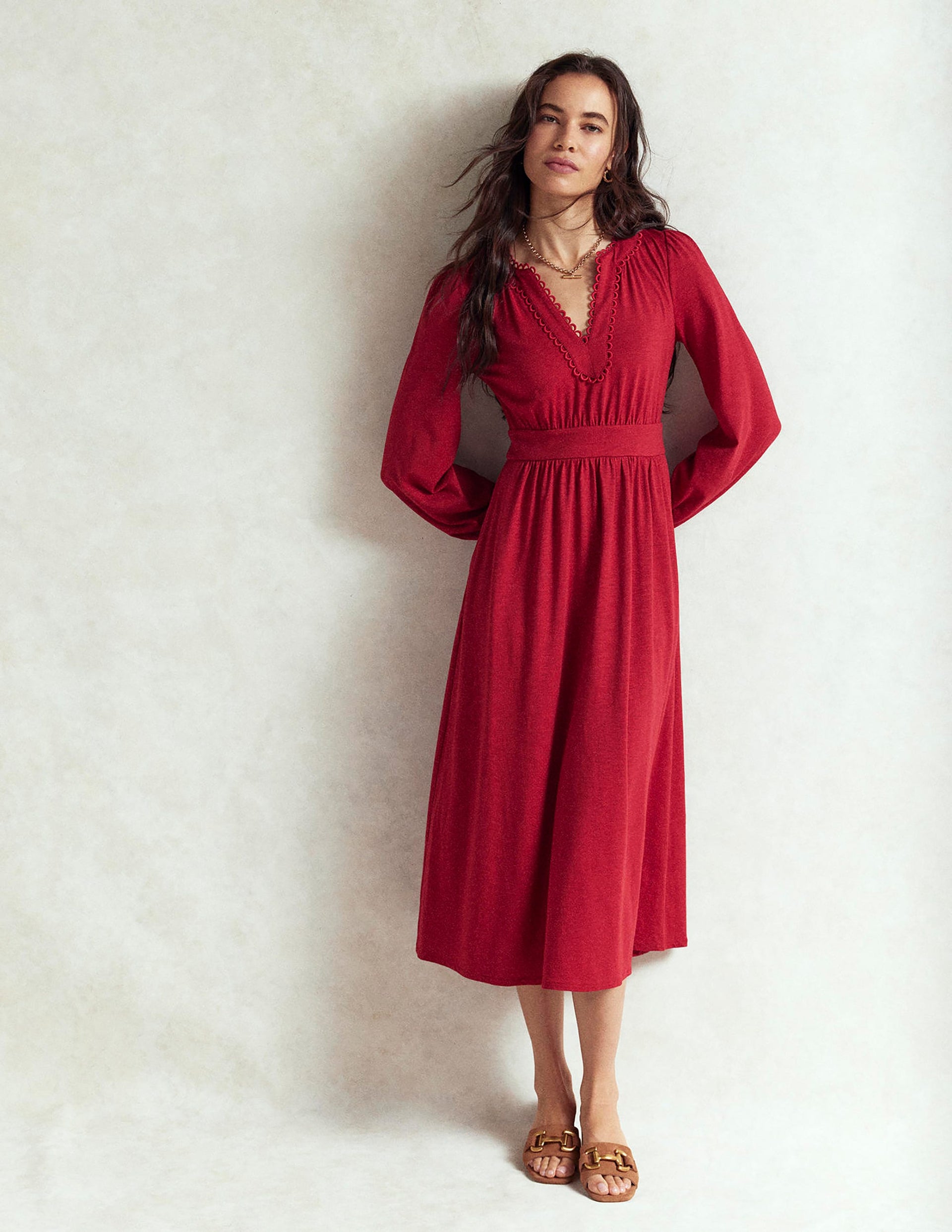 Maddie Picot Trim Midi Dress-Carmine Red Maddie Picot Trim Midi Dress-Carmine Red