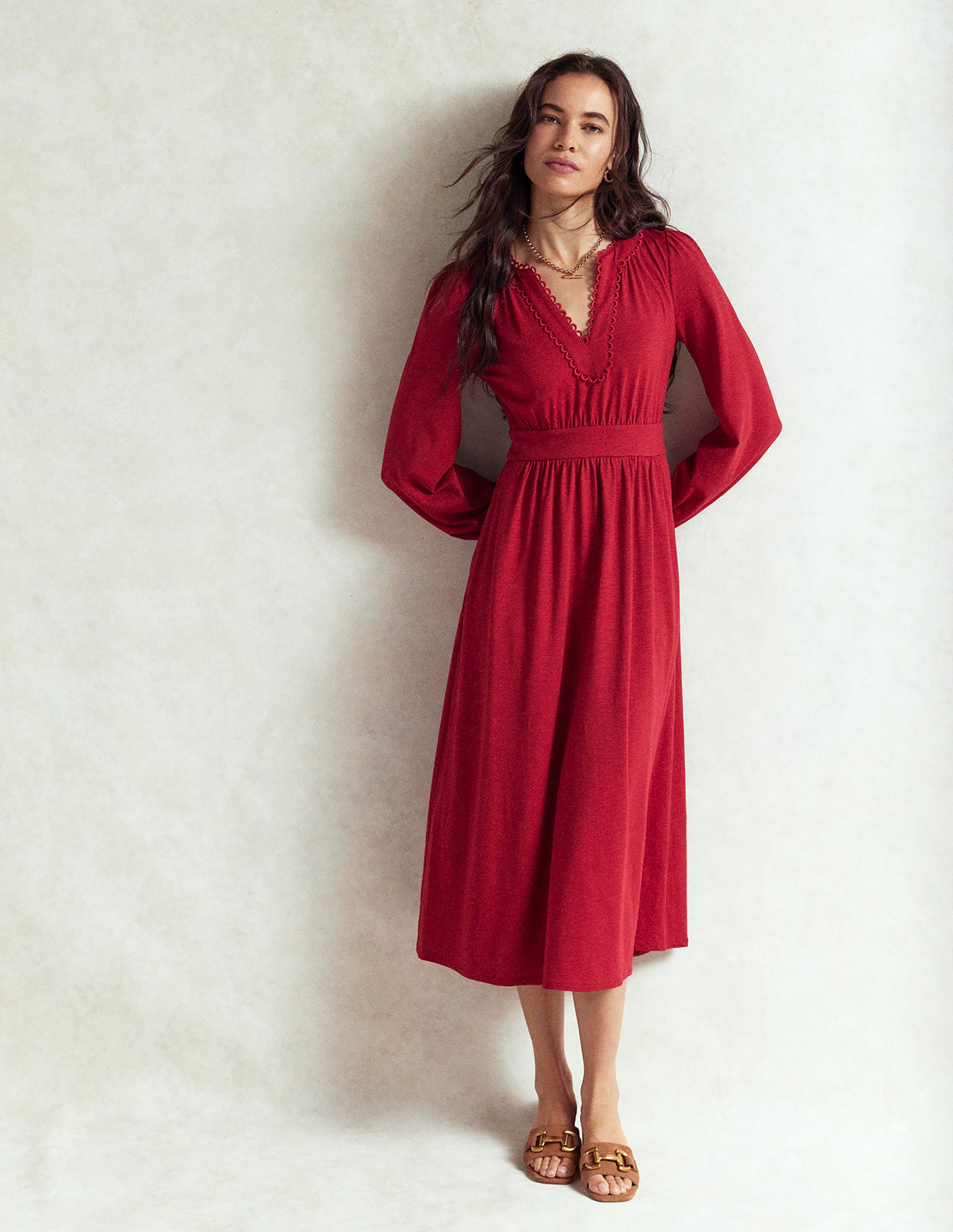 Maddie Picot Trim Midi Dress-Carmine Red - Image 1