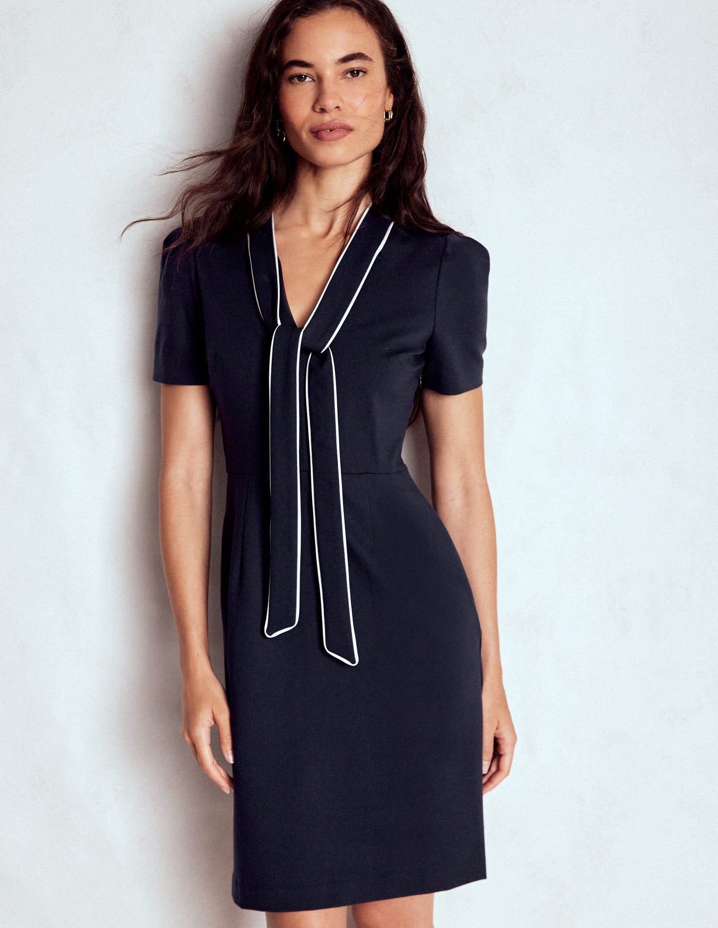 Pussy Bow Short Dress-Navy