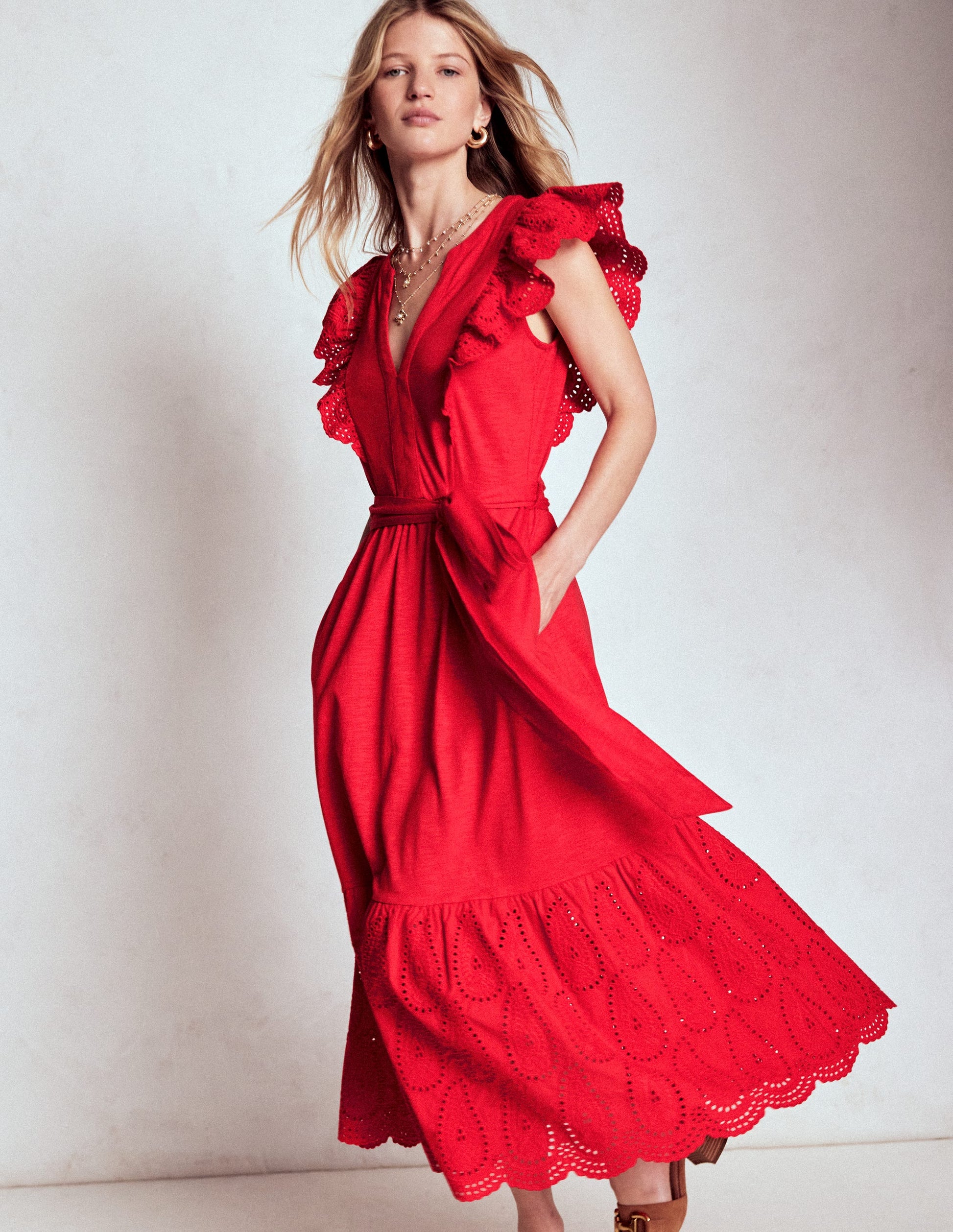 Ruffle Detail Tier Midi Dress-Poppy Red | Boden USA Ruffle Detail Tier Midi Dress-Poppy Red | Boden USA