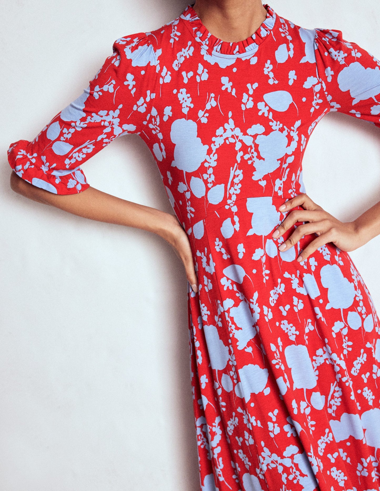 Ruffle Seamed Midi Dress-Poppy Red, Dainty Sprigs