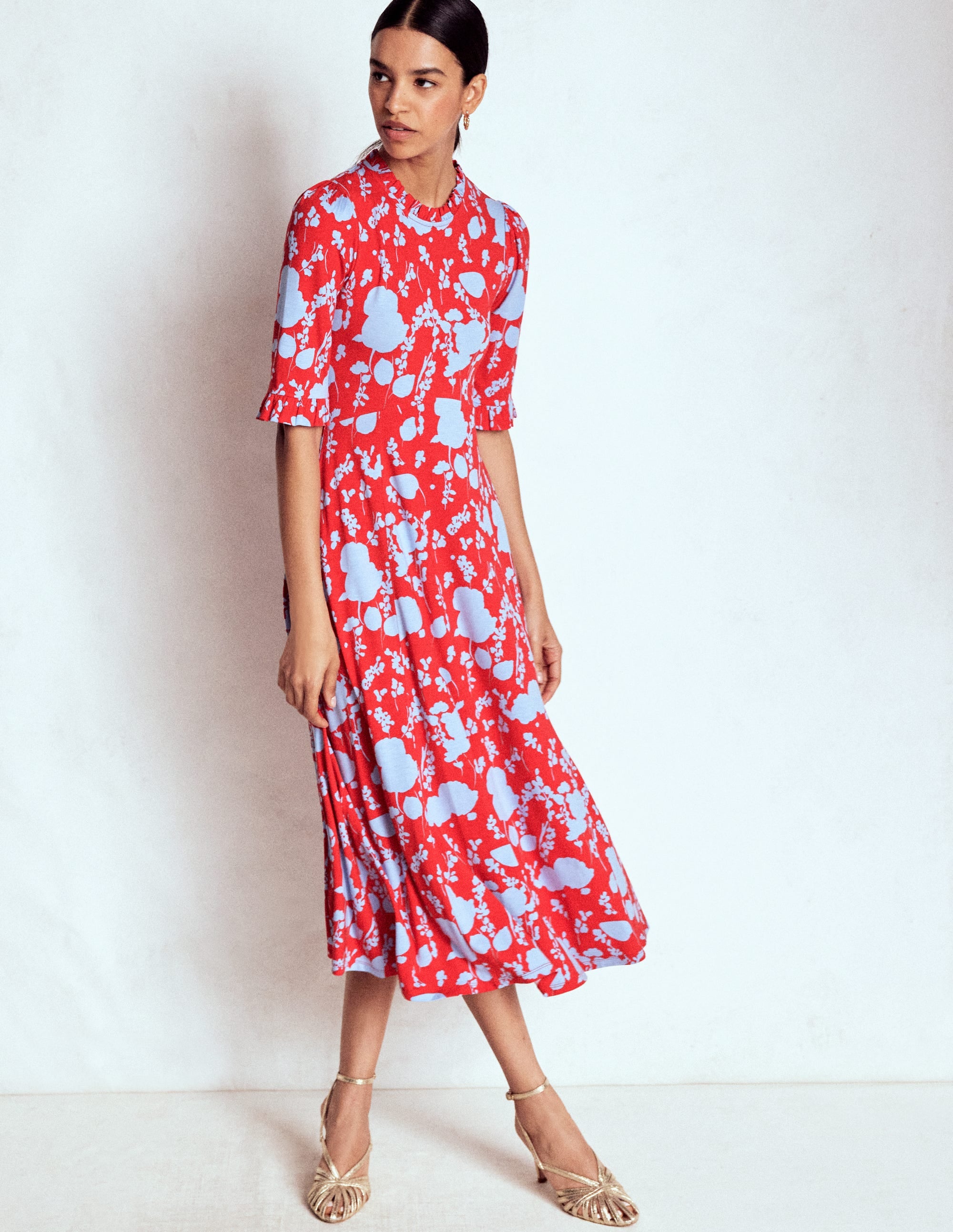 Ruffle Seamed Midi Dress-Poppy Red, Dainty Sprigs - Image 4