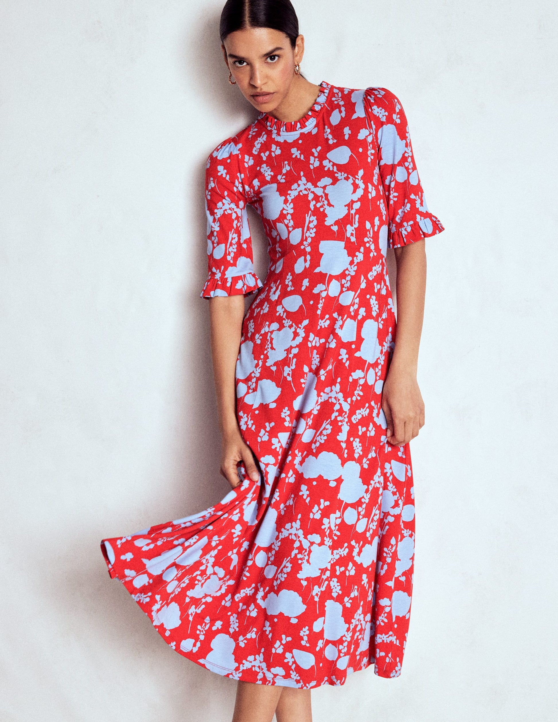 Ruffle Seamed Midi Dress-Poppy Red, Dainty Sprigs-5