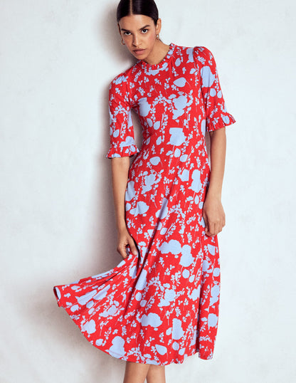 Ruffle Seamed Midi Dress-Poppy Red, Dainty Sprigs-5