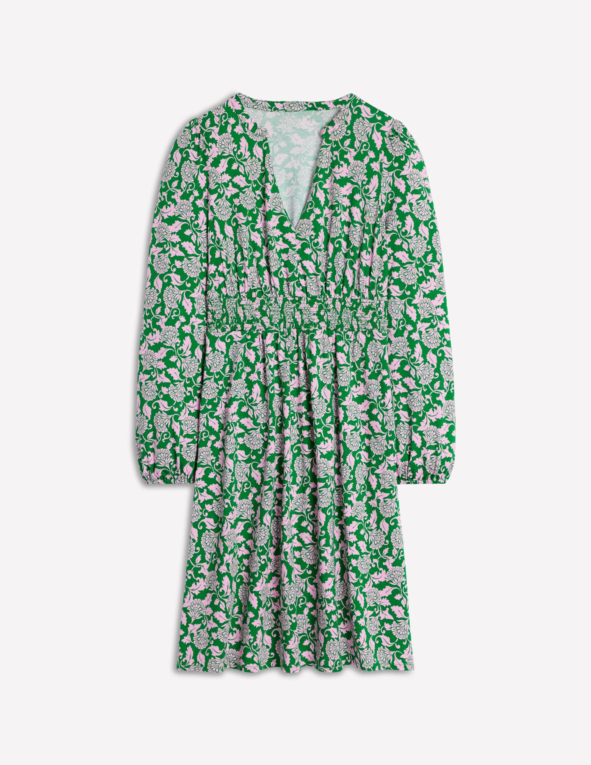 Sarah Short Jersey Dress-Rich Emerald, Ornate Vine - Image 6