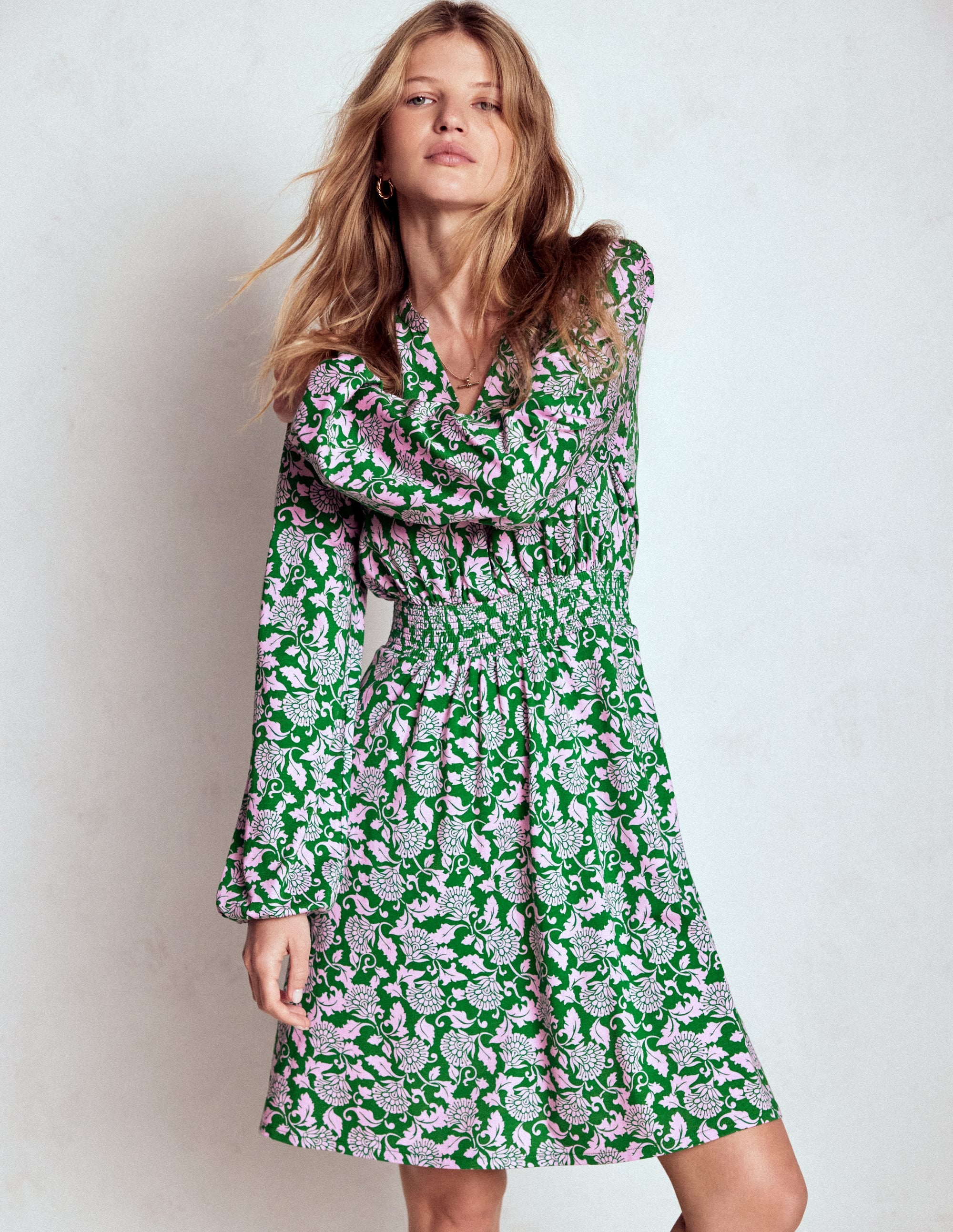Sarah Short Jersey Dress-Rich Emerald, Ornate Vine - Image 1
