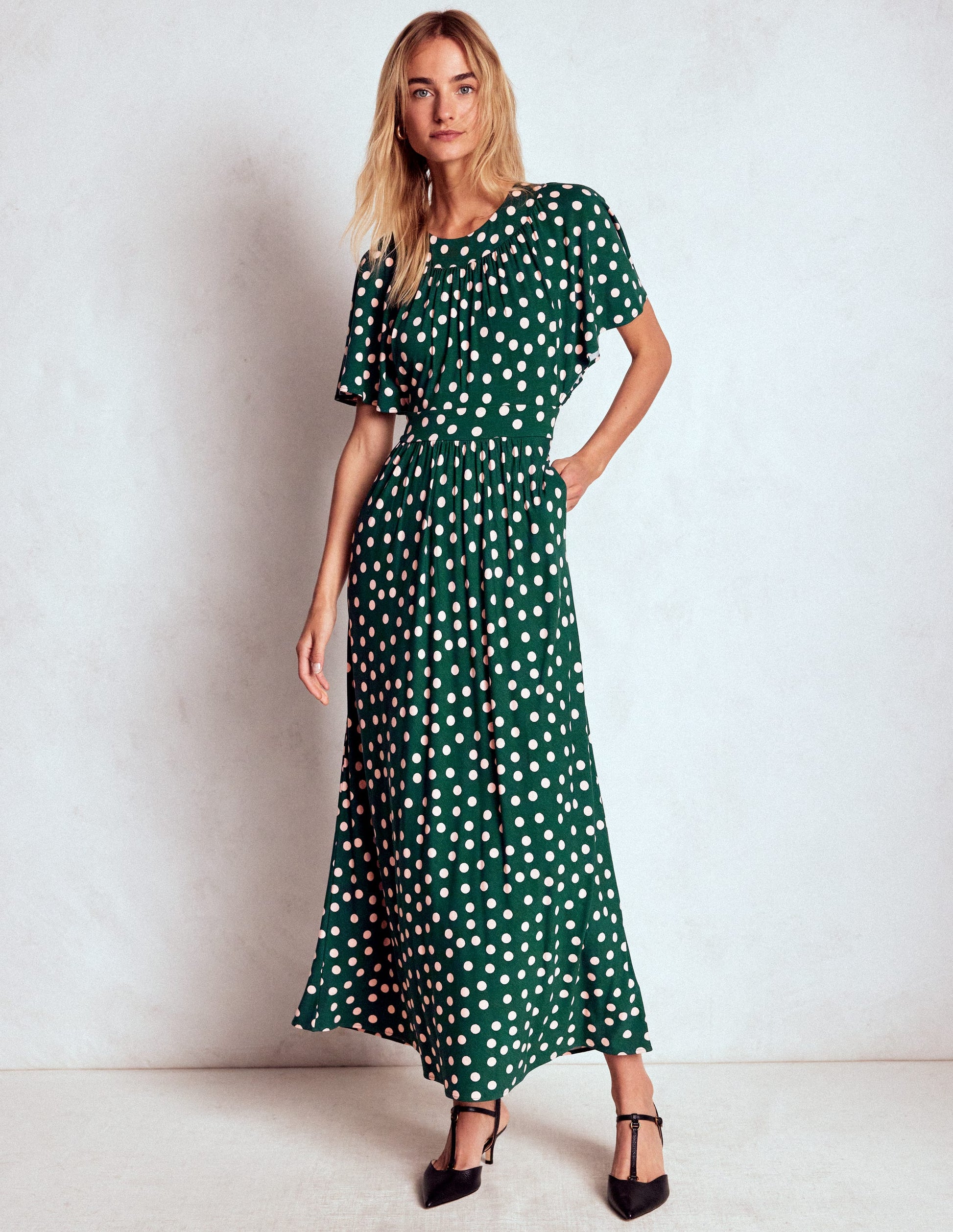 Yoke Panel Maxi Dress-Emerald Night, Painted Dot | Boden USA Yoke Panel Maxi Dress-Emerald Night, Painted Dot | Boden USA