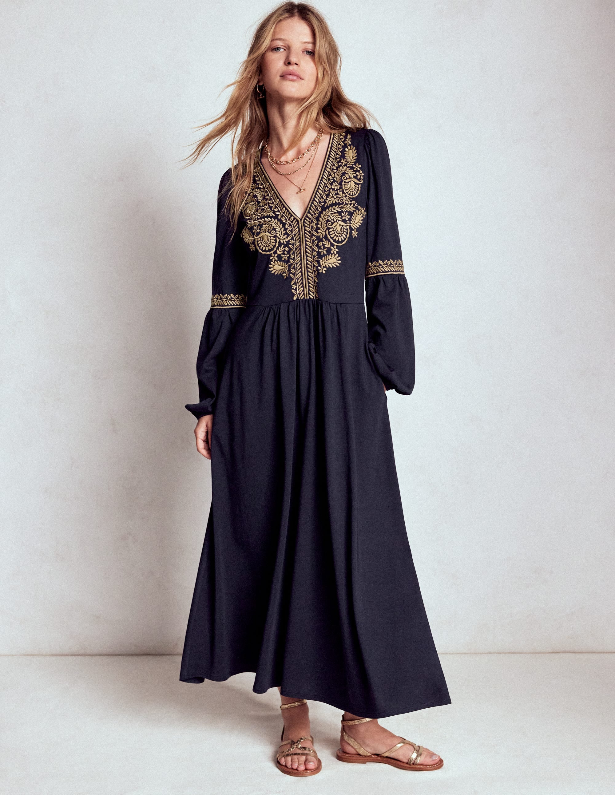 V-Neck Blouson Midi Dress-Navy - Image 4