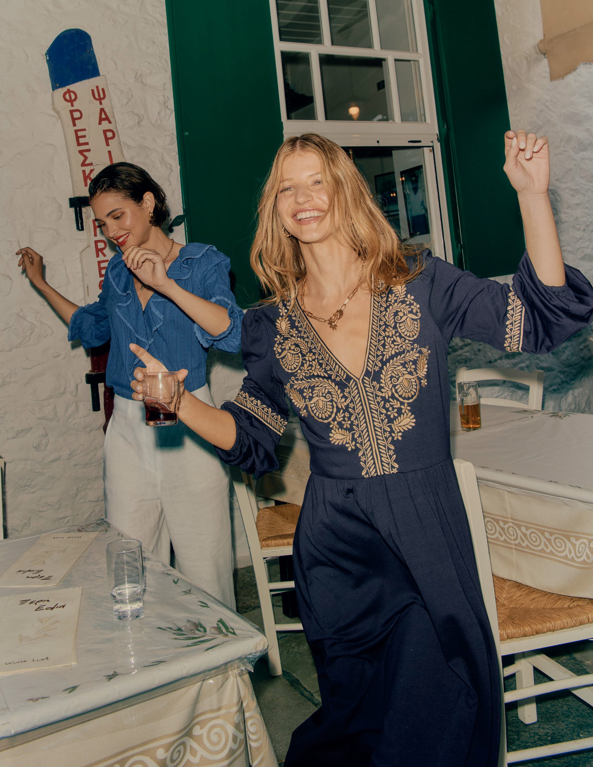 V-Neck Blouson Midi Dress-Navy - Image 6