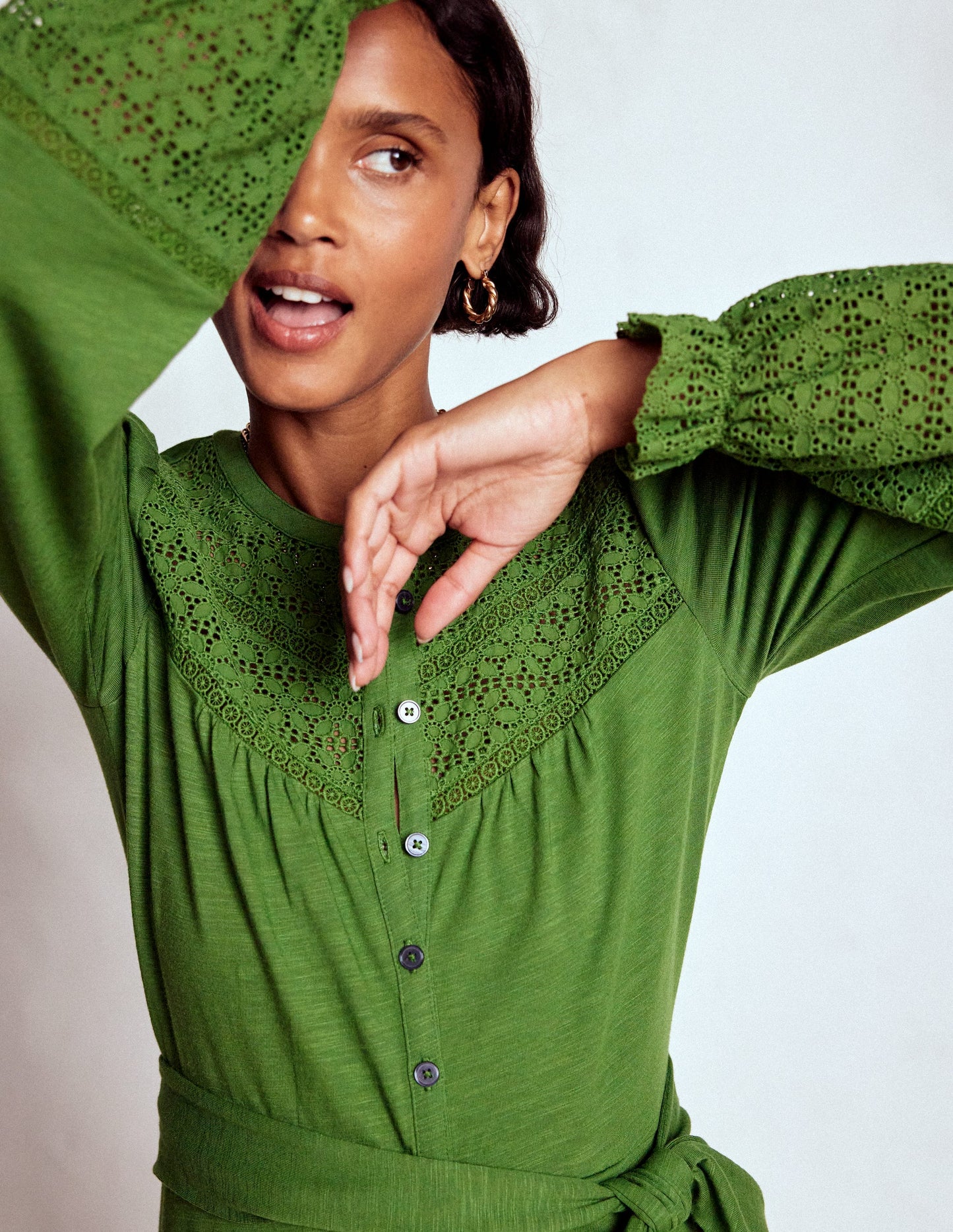 Pippa Broderie Jersey Dress-Promenade Green