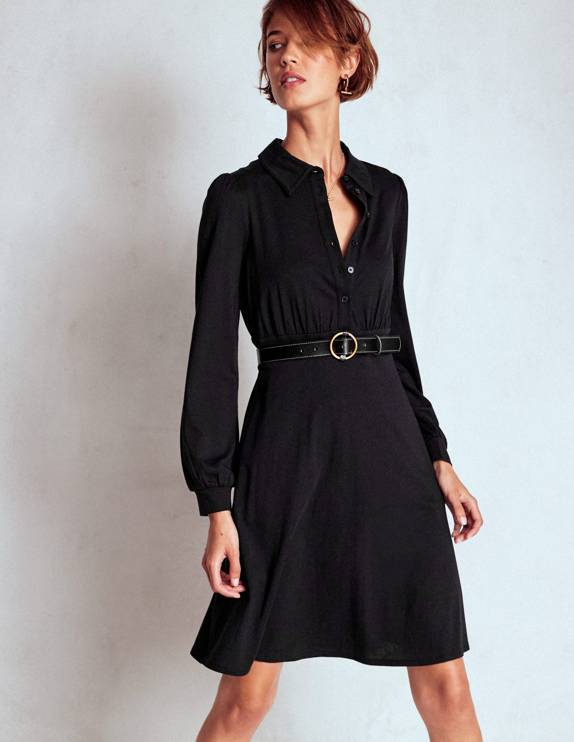 Boden Women's Orla Short Jersey Shirt Dress in Black | Size 14 Boden Women's Orla Short Jersey Shirt Dress in Black | Size 14