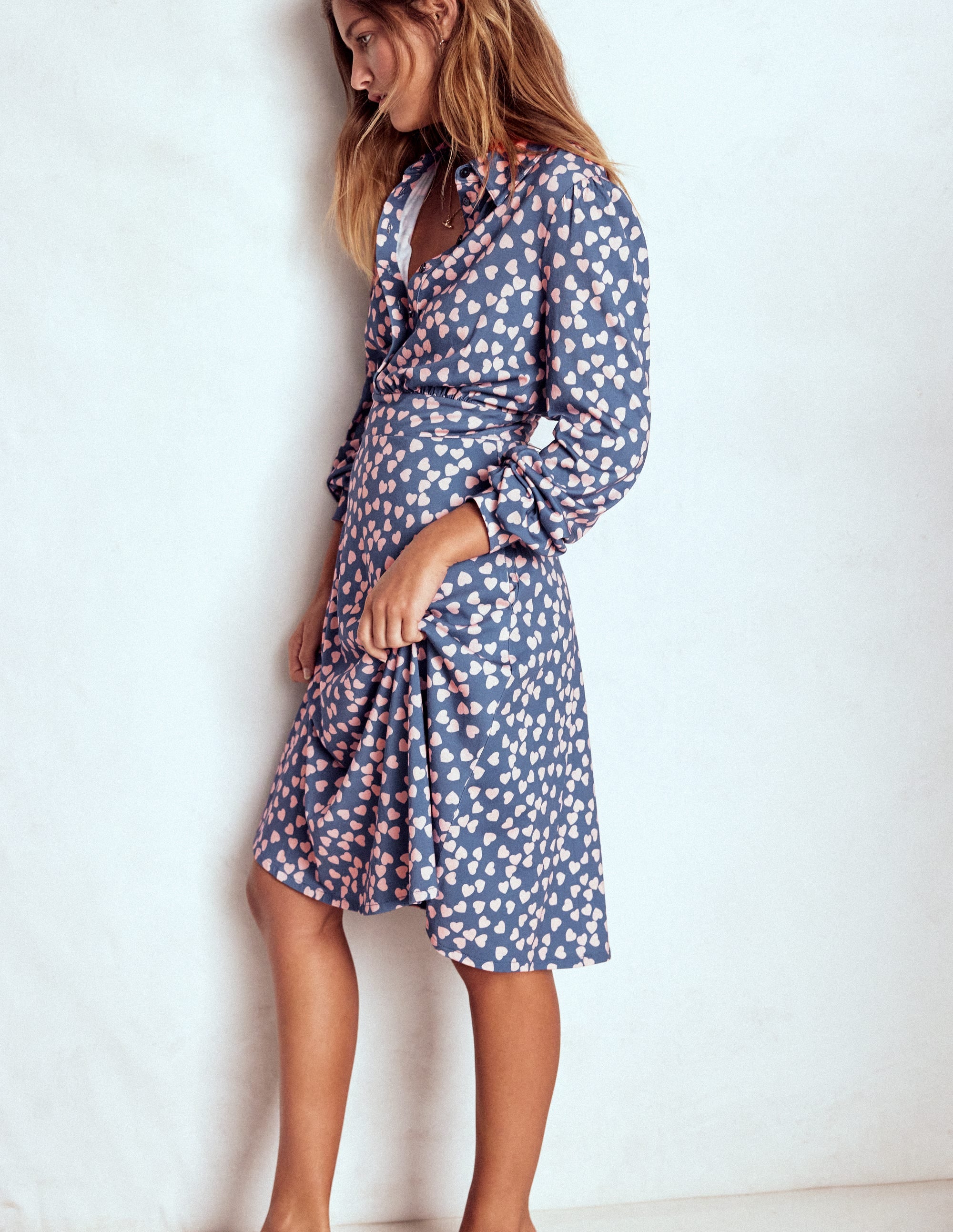 Orla Short Jersey Shirt Dress-Denim Blue. Heart Cascade - Image 4