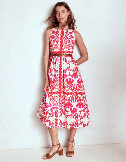 Lauren Cotton Midi Dress-Poppy Red, Elaborate Flora-4