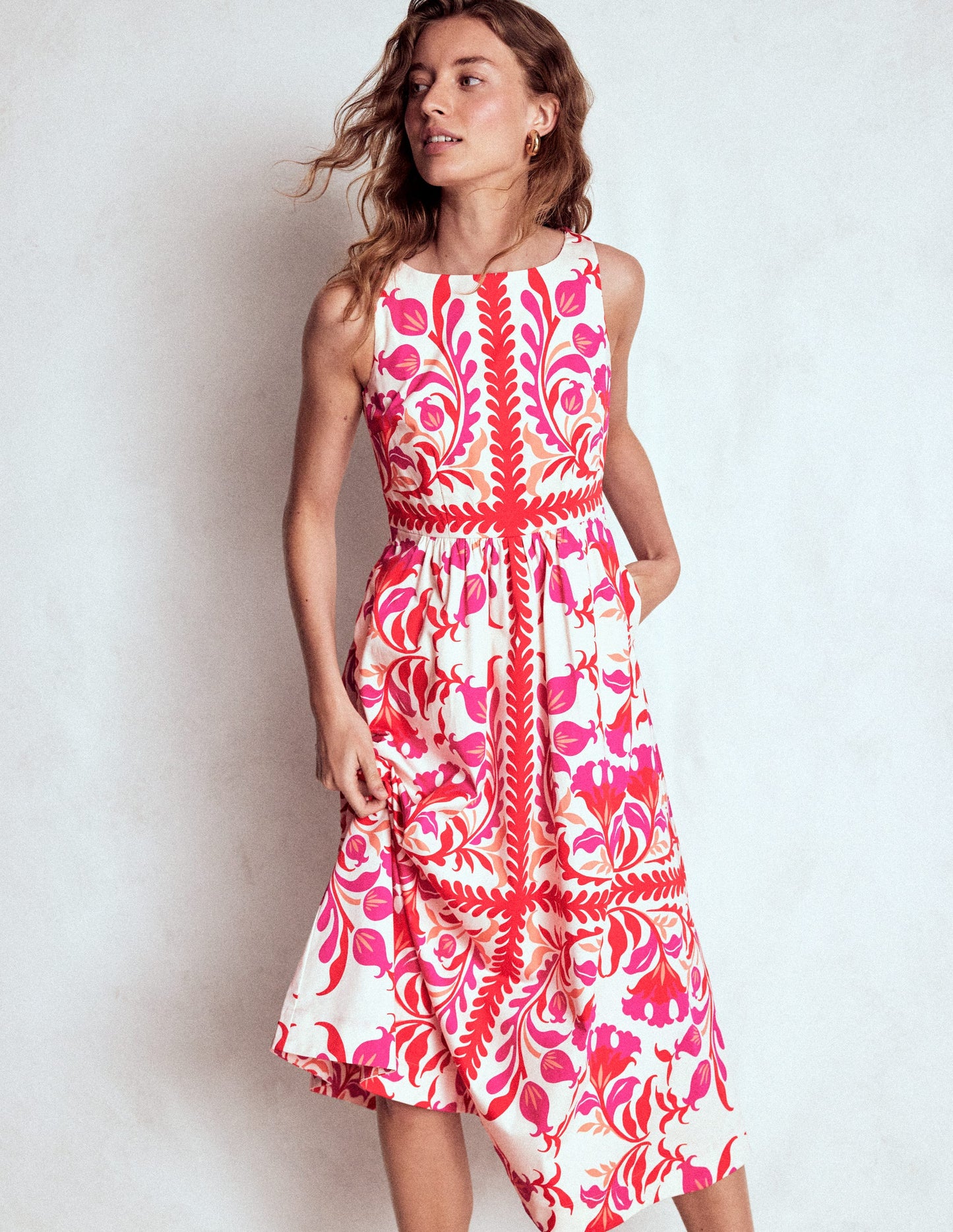 Lauren Cotton Midi Dress-Poppy Red, Elaborate Flora