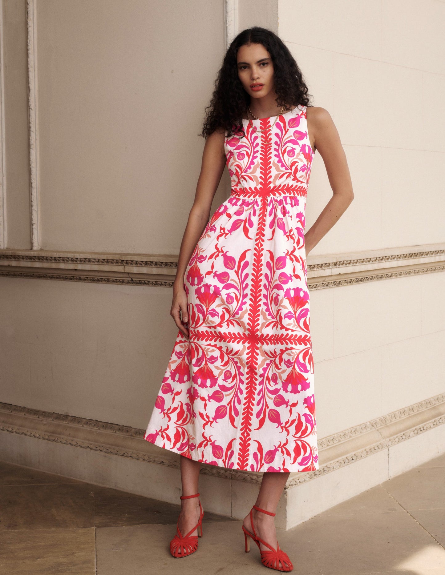 Lauren Cotton Midi Dress-Poppy Red, Elaborate Flora