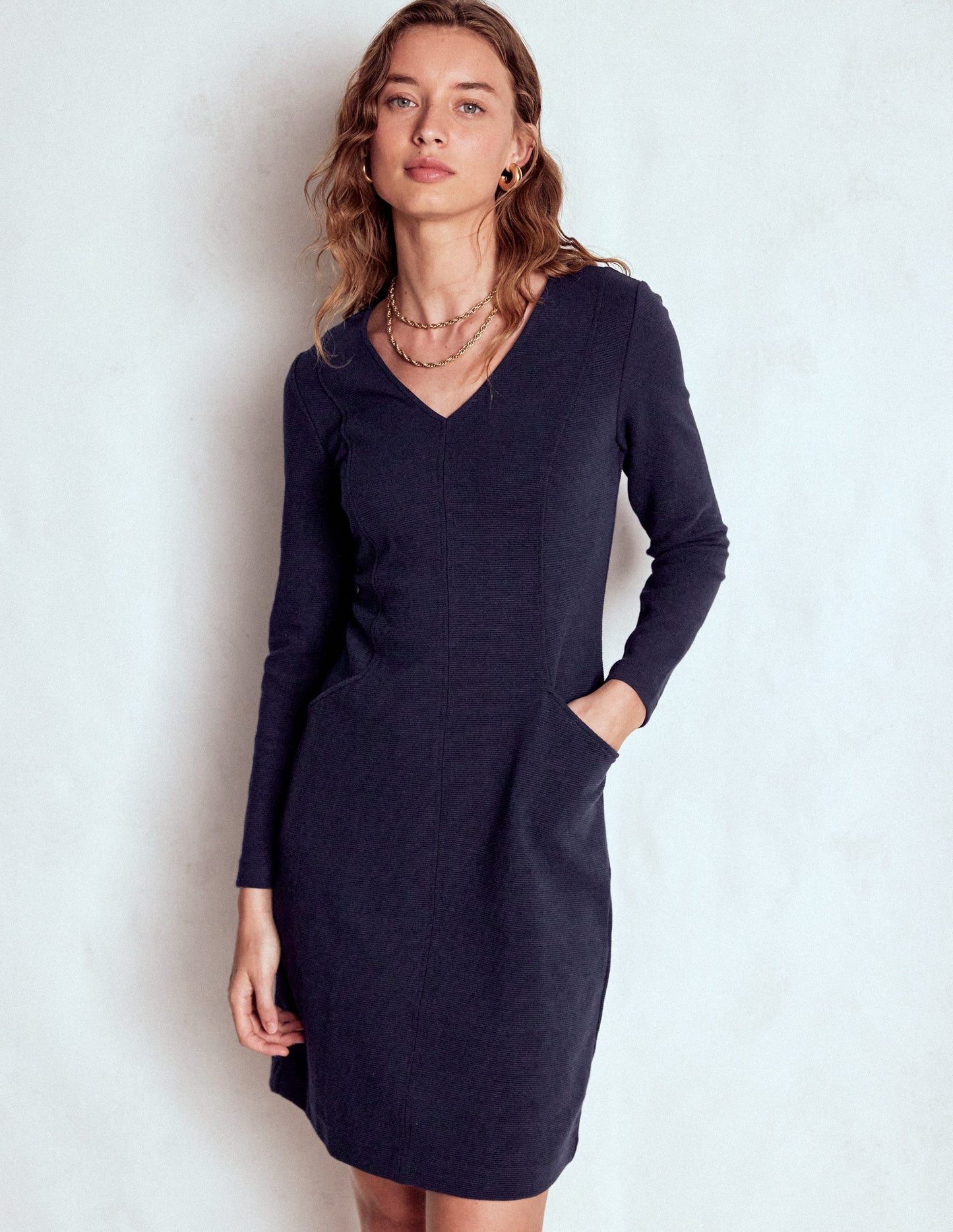 Ellen V-neck Ottoman Dress-Navy