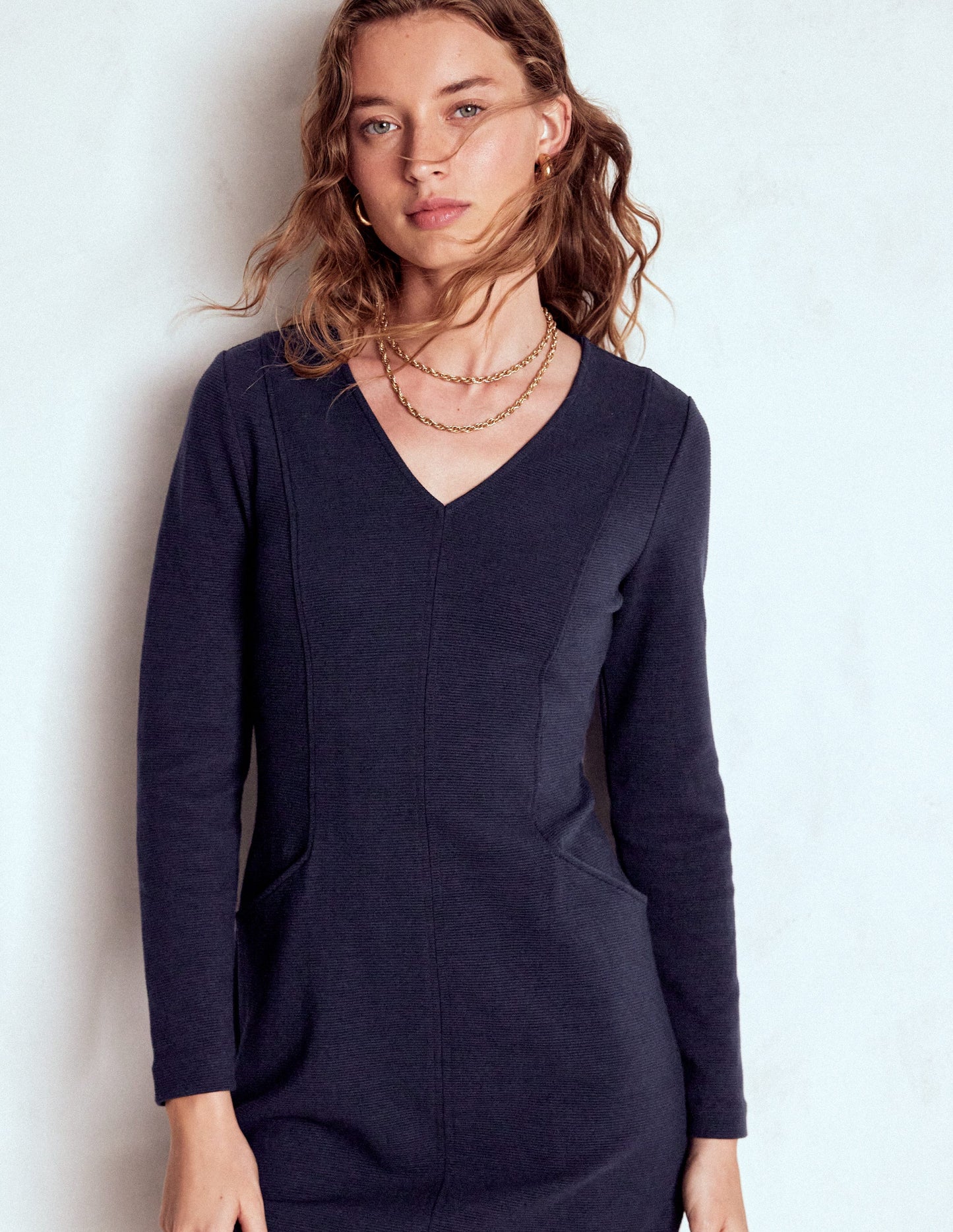 Ellen V-neck Ottoman Dress-Navy