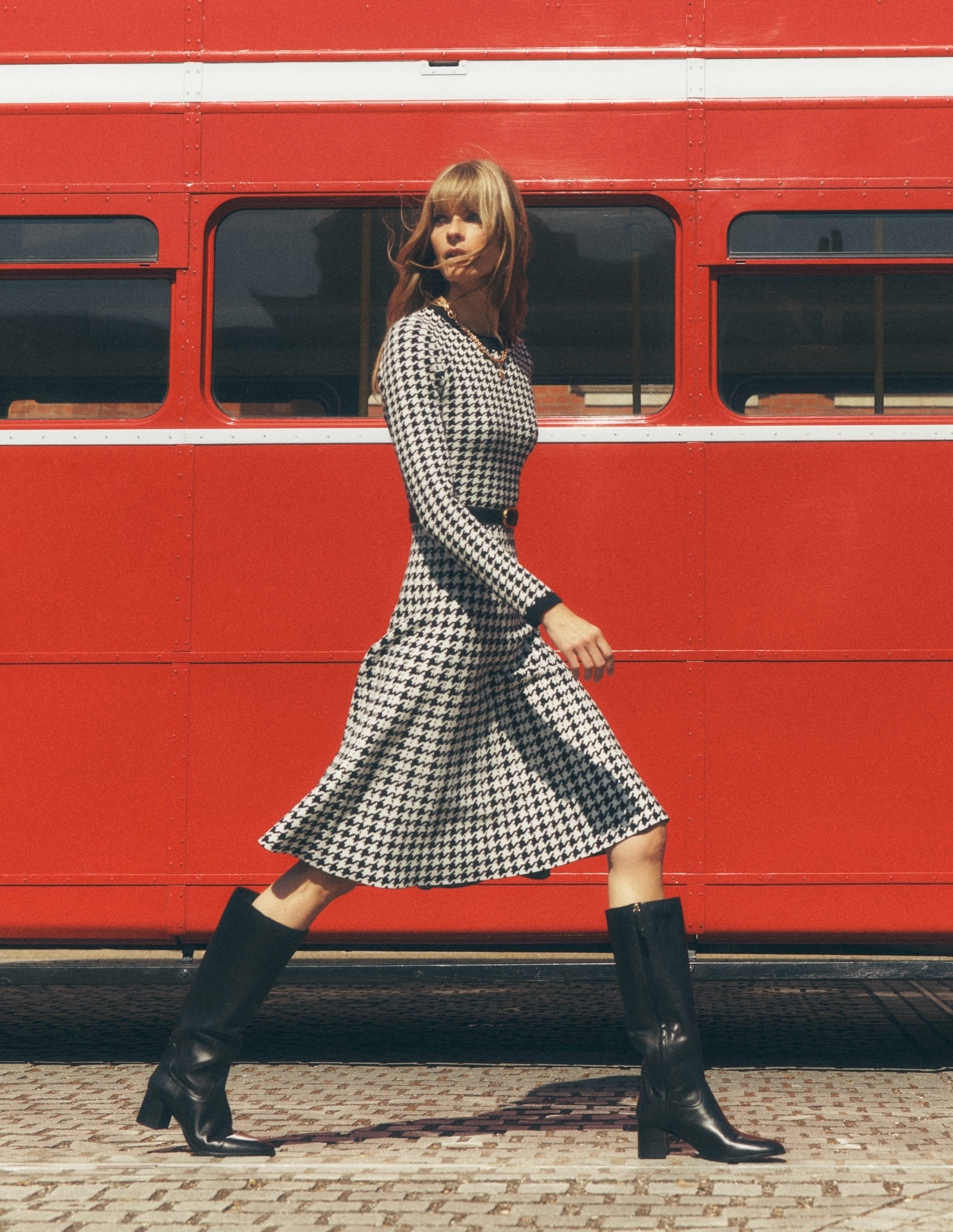 Maria Button Knitted Dress-Black and Ivory Dogstooth | Boden USA